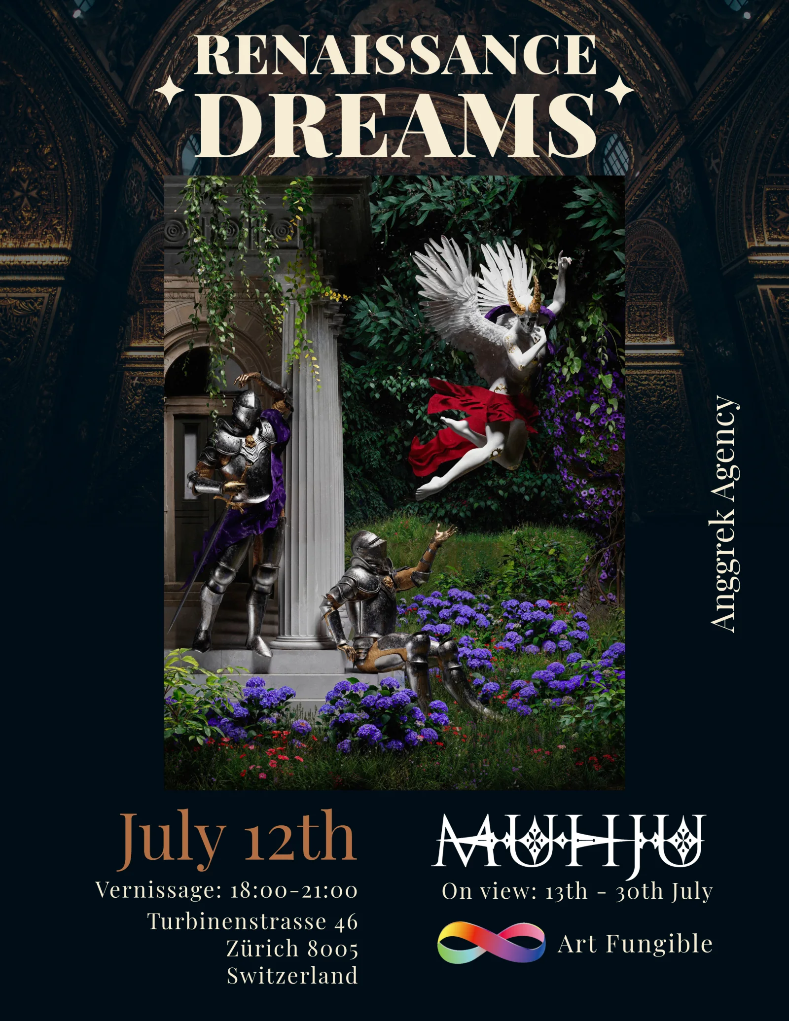 The exhibition flyer: Renaissance Dreams, vernissage 12 July, Turbinenstrasse 46, Zürich