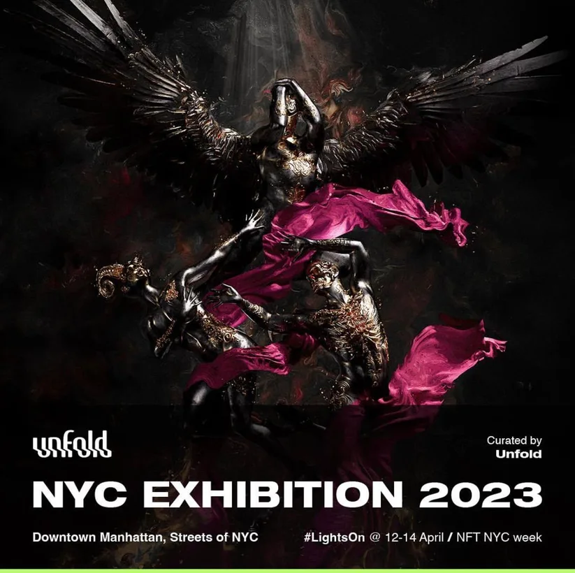 Unfold NYC Exhibition 2023 poster featuring a winged figure in black armour with a magenta drape.