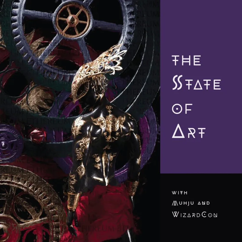 The State of Art poster featuring an ornate armoured figure before giant gears beside a purple panel.