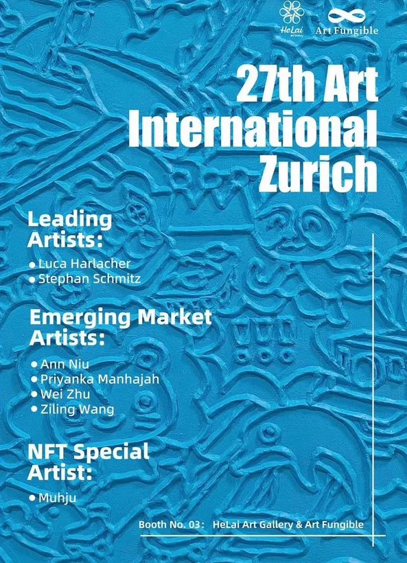 Blue 27th Art International Zurich poster listing Muhju as the NFT Special Artist.