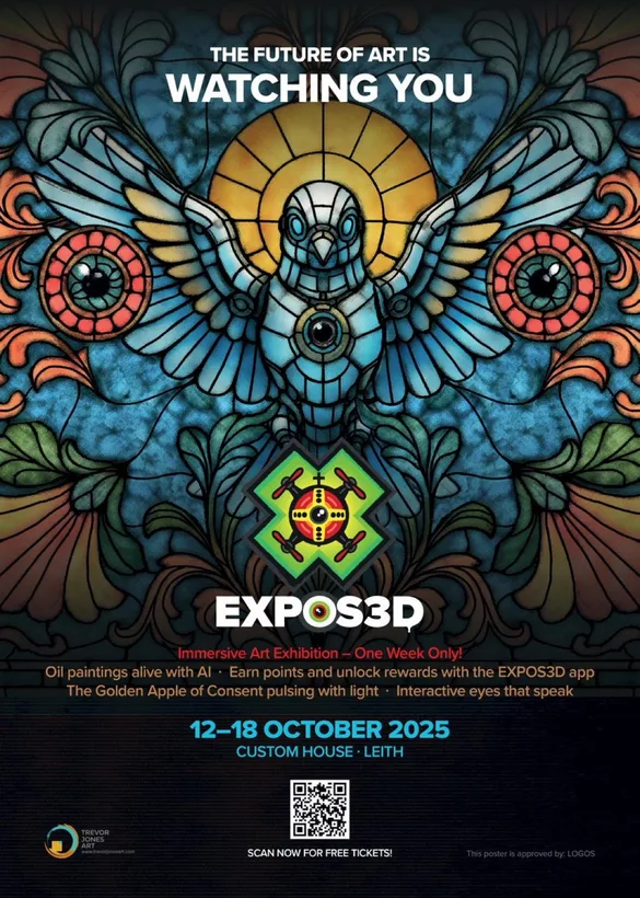 EXPOS3D poster featuring a stained glass style owl for an immersive exhibition at Custom House, Leith.