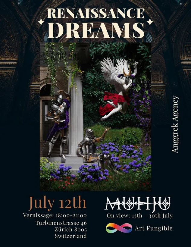 Renaissance Dreams poster featuring knights beside a column in a flowering garden beneath an angel in red.