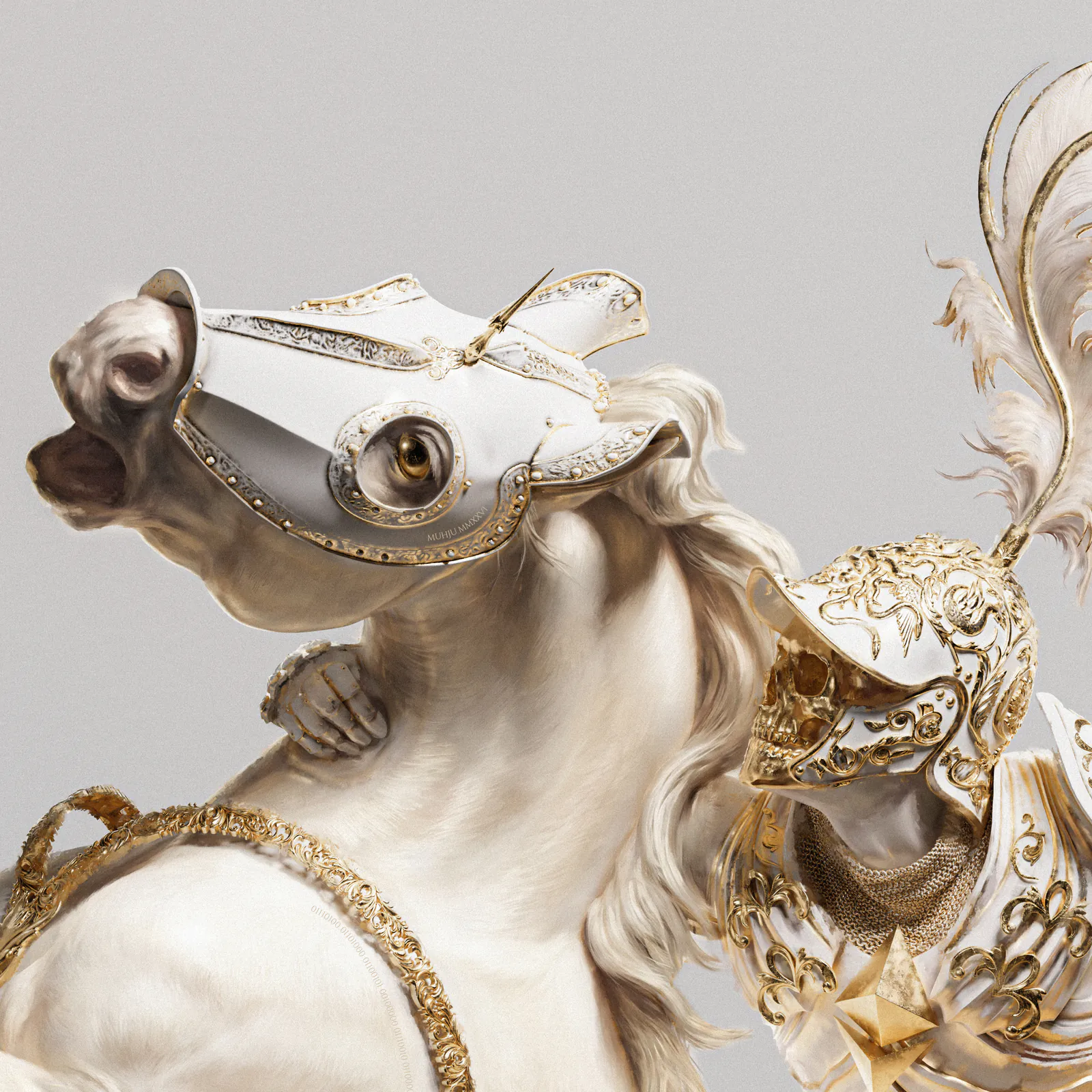Detail: the horse’s head in its white and gold mask, and the rider’s helmet