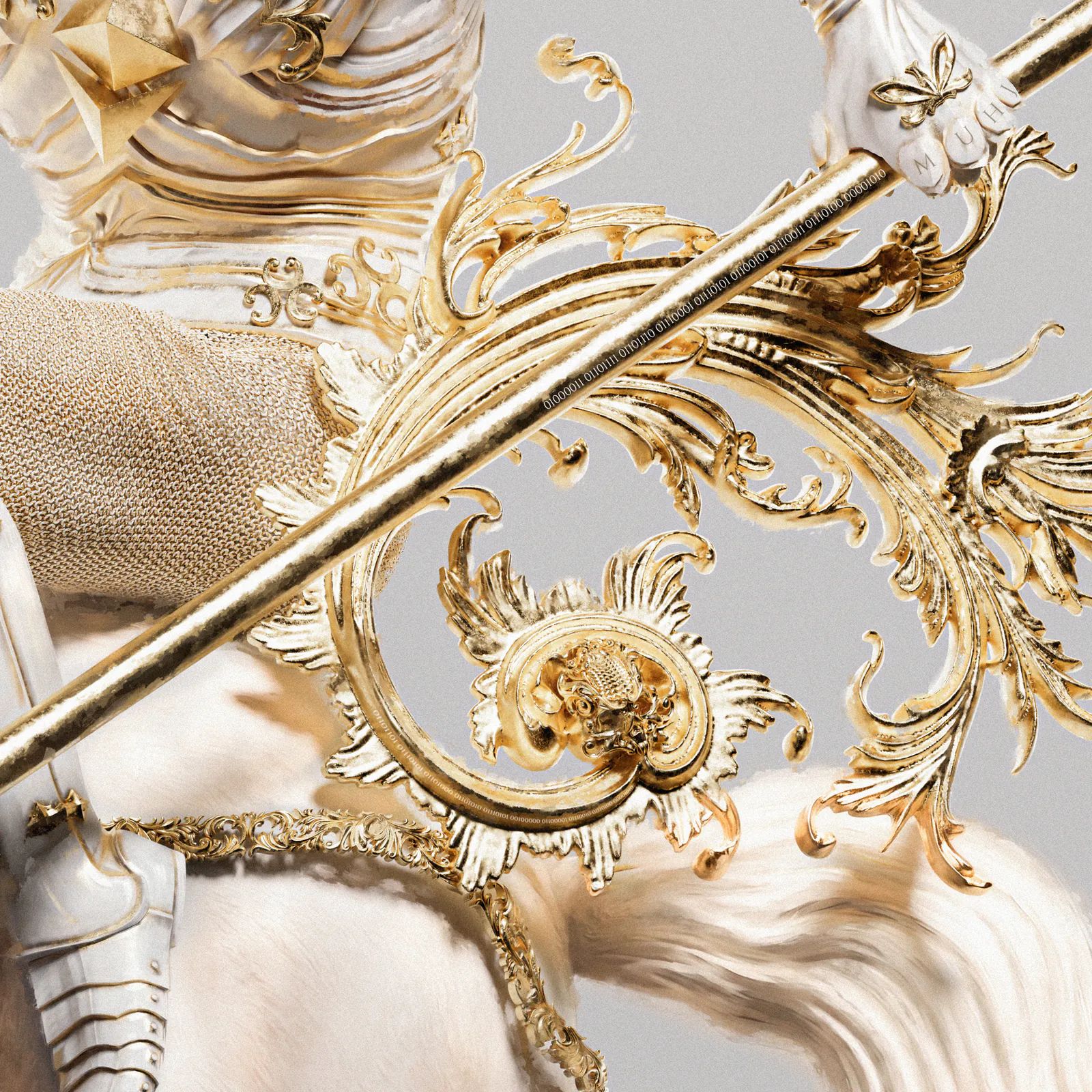 Detail: the gold baroque ornament and the lance, with its line of binary