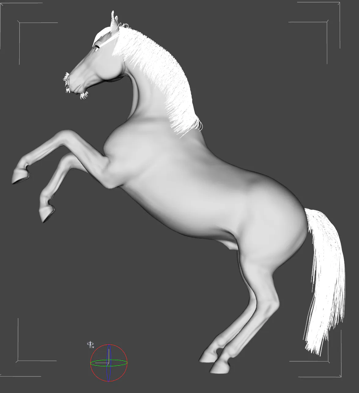 A grey 3D horse rearing on its hind legs, alone in a dark viewport