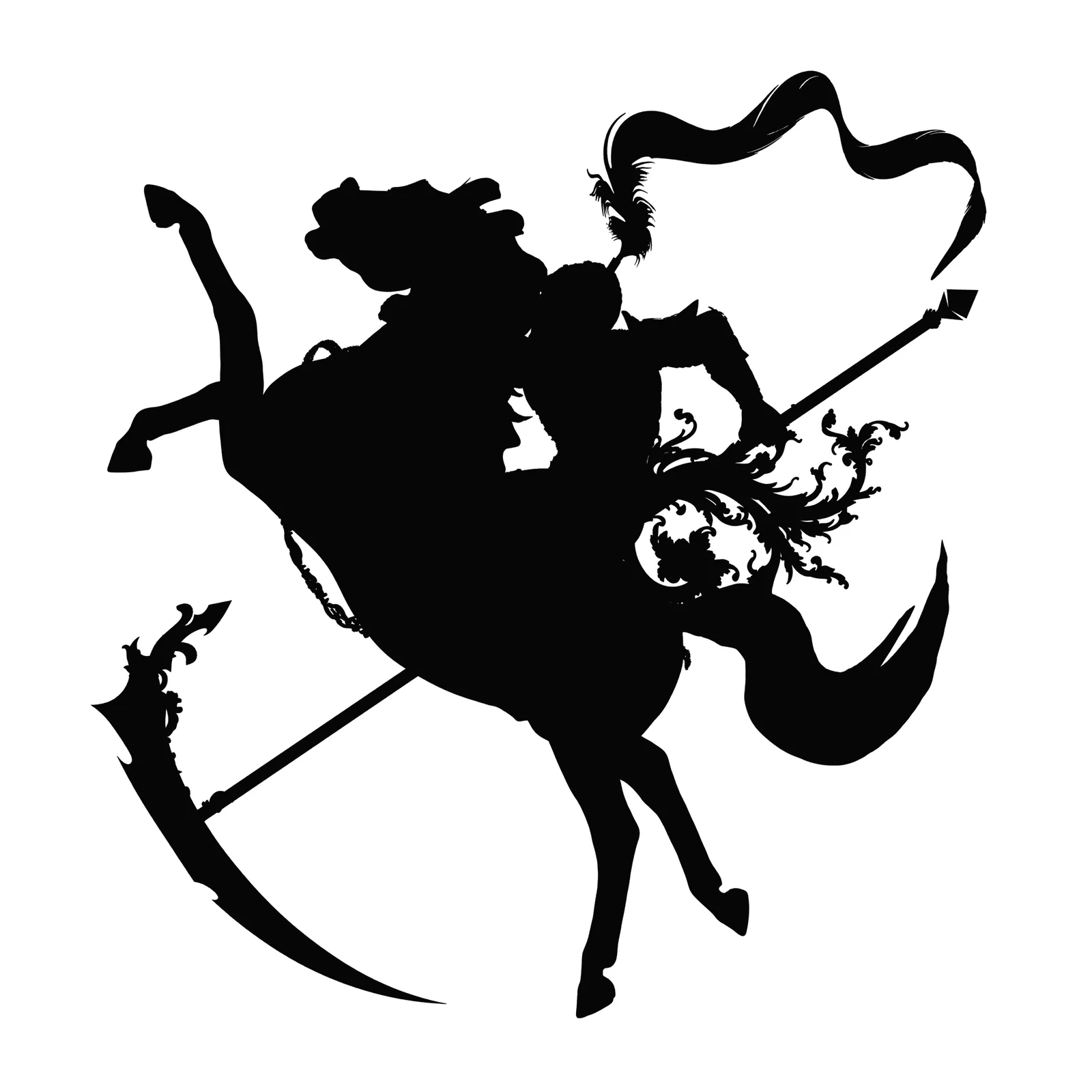 Horse and rider as a solid black silhouette on white