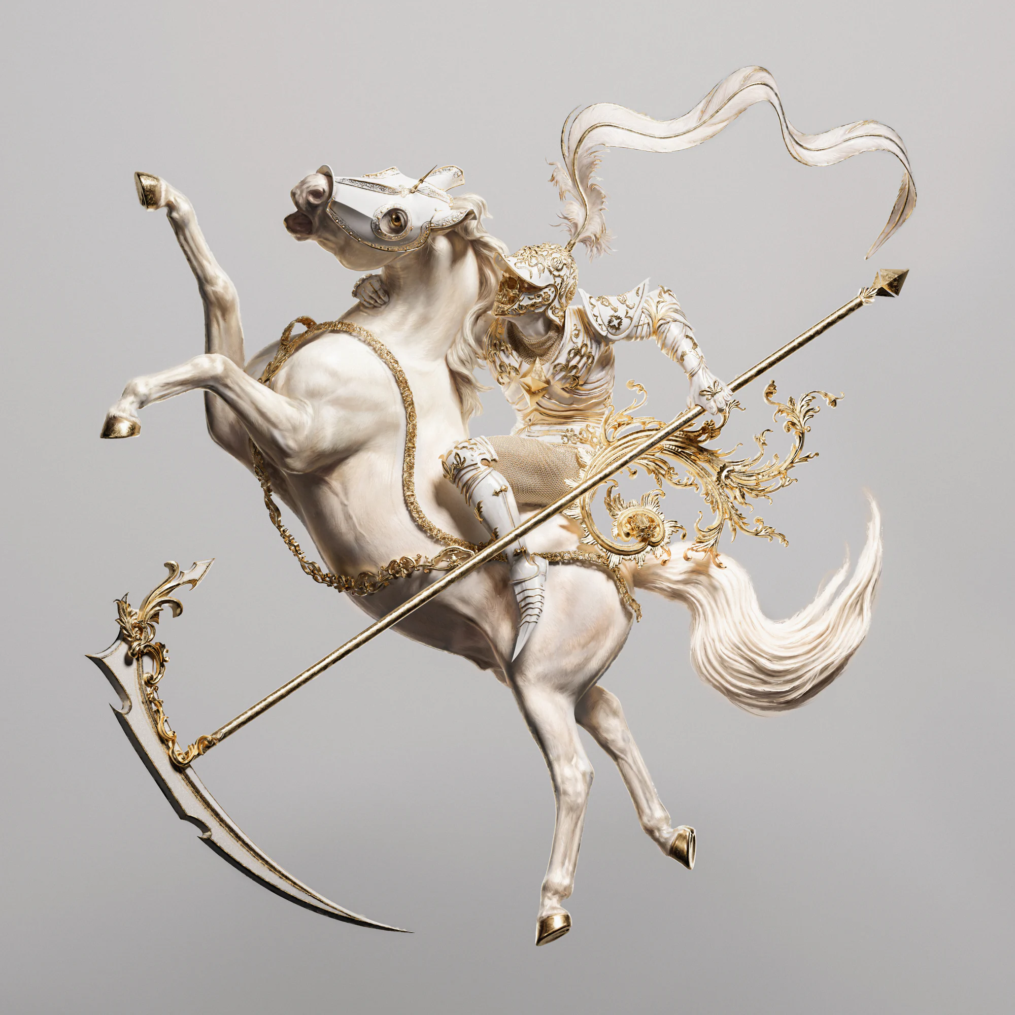 Conquering and to Conquer, the finished piece: a white horse rearing, its rider in white and gold armour, a lance with a scythe blade held across them