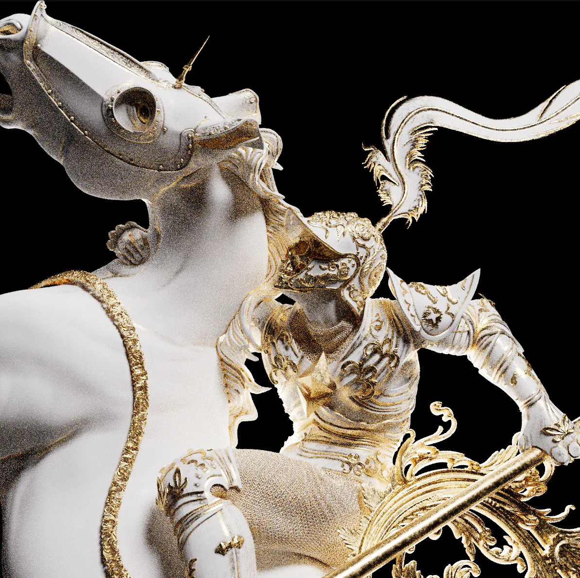Close-up render on black: the horse’s masked head and the rider in white and gold armour