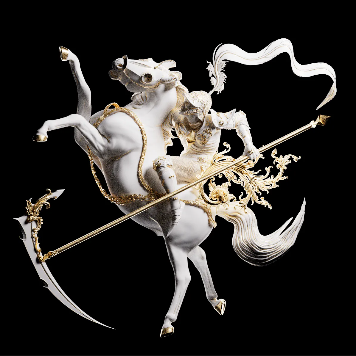 Render on black: horse and rider in white and gold