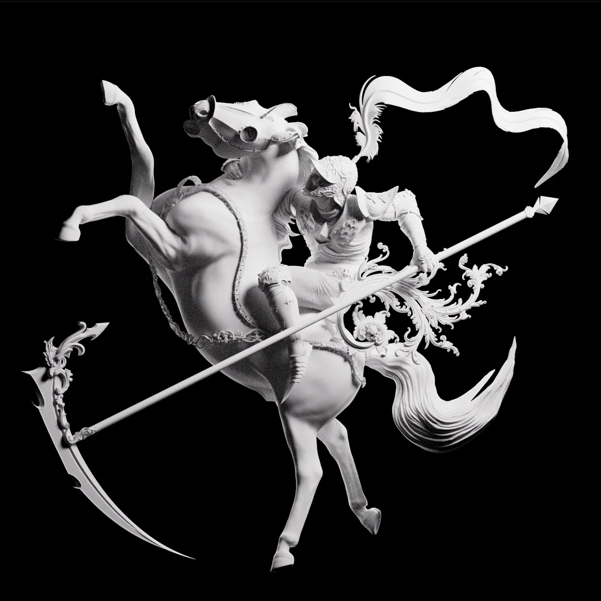 Render on black: horse and rider entirely in white