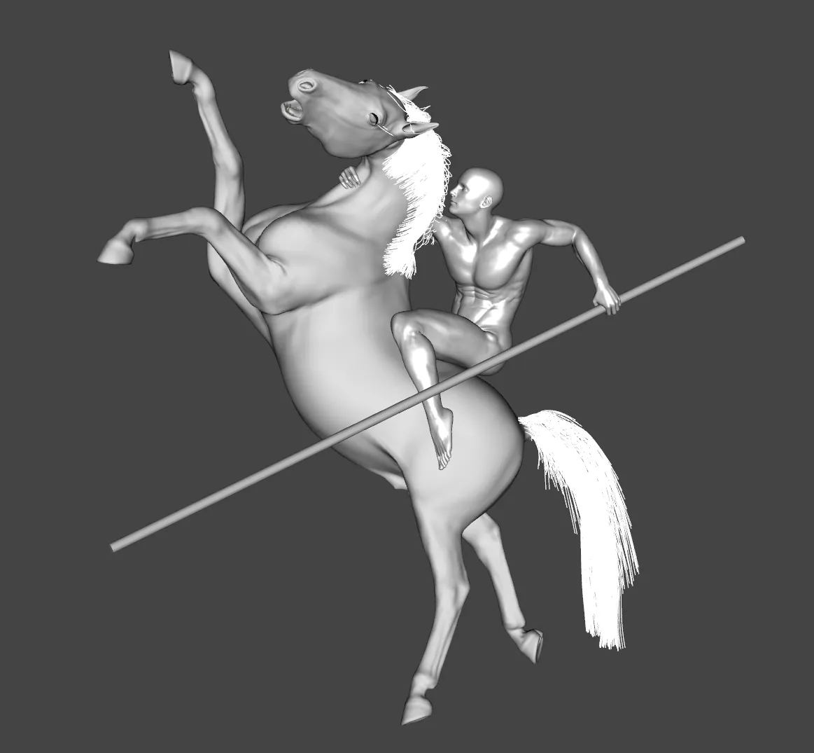 The bare figure on the rearing horse, a long lance across the body