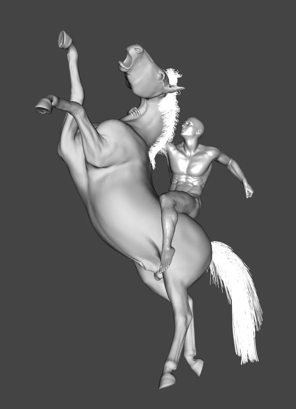 A bare grey figure riding the rearing horse
