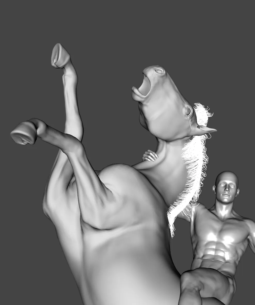 The rearing horse seen close, beside a bare grey human figure
