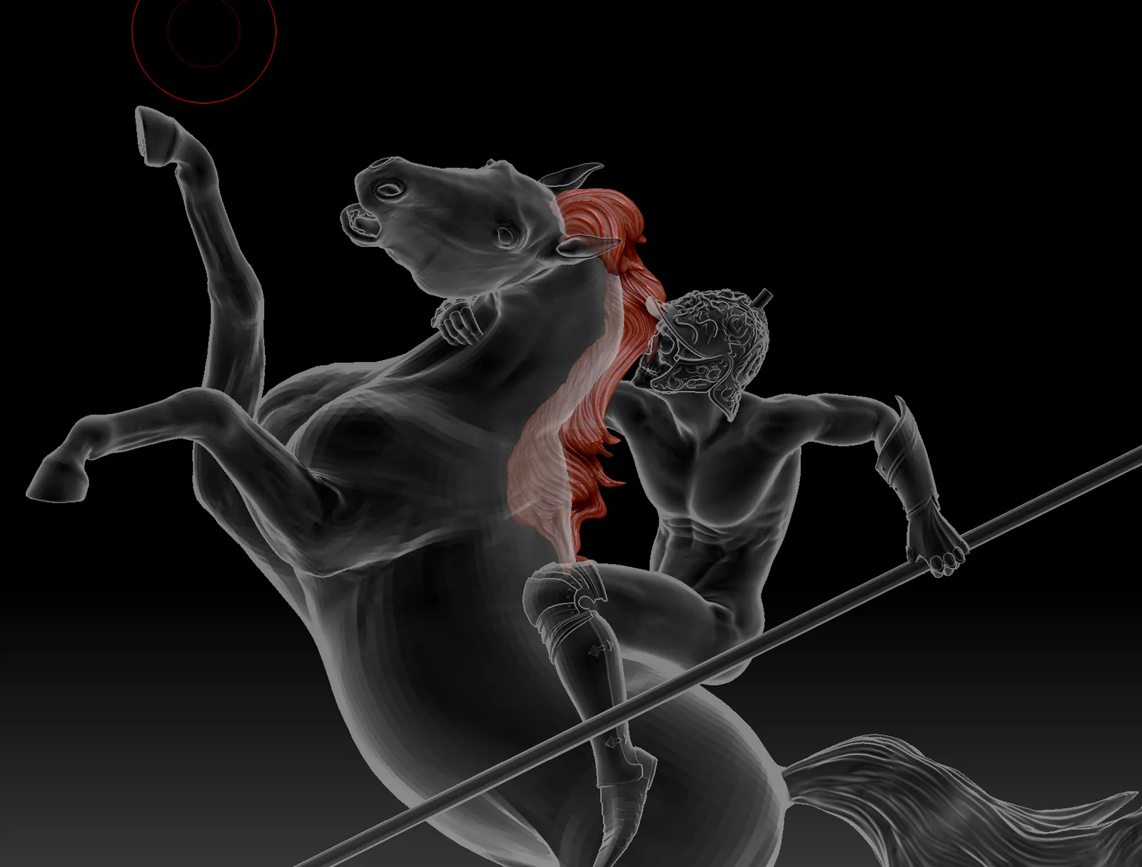 See-through viewport view of horse and rider, the rider’s hand at the horse’s neck