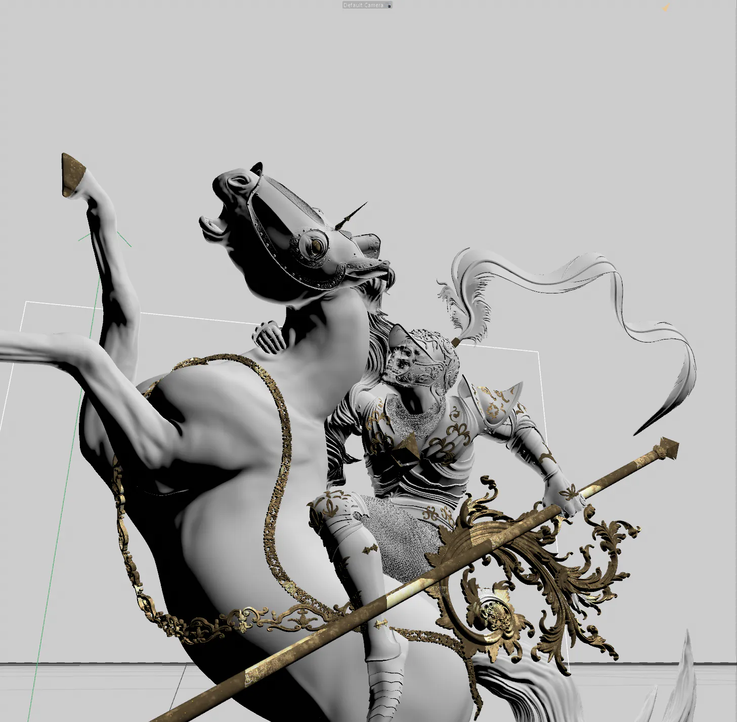 The white and gold model in a light grey 3D viewport