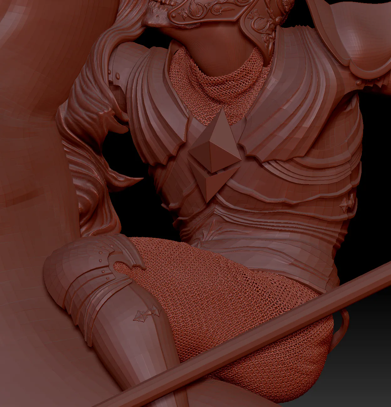 Close-up of the rider’s armour in red: chain mail and breastplate