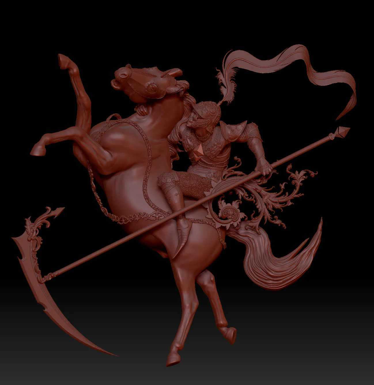 The finished model in red on black, a chain across the horse and a baroque ornament at the rider’s side