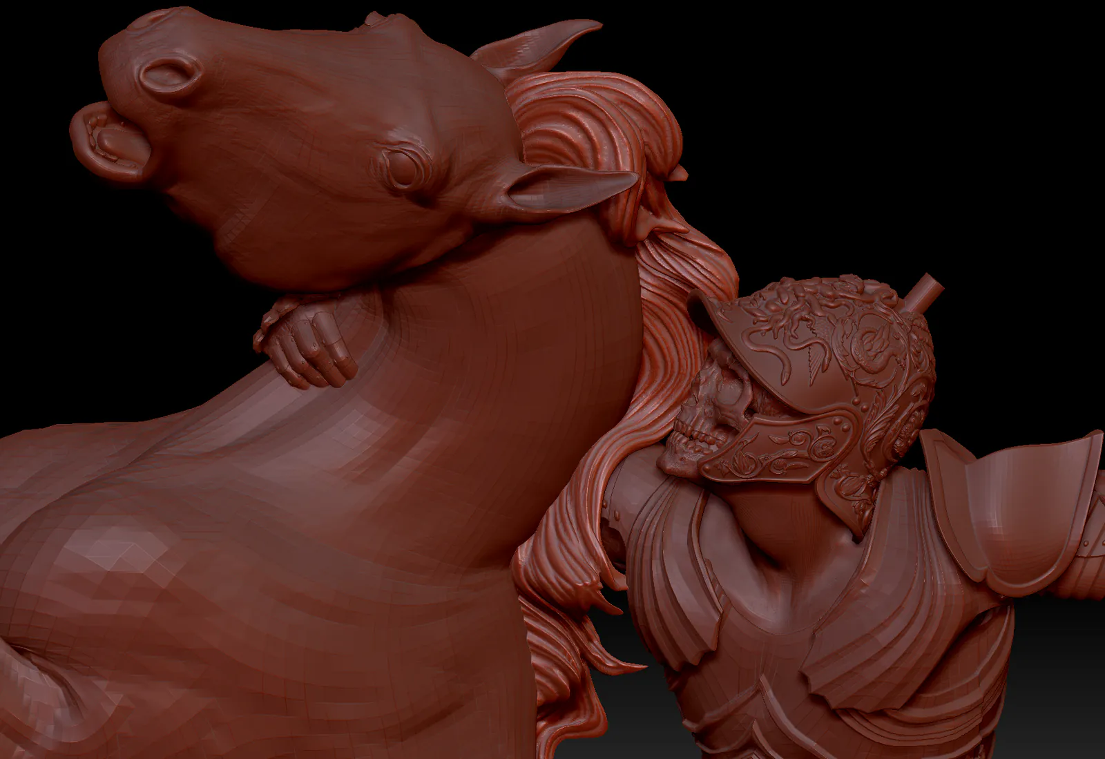 Close-up of the model in red: the horse’s head and the helmeted rider holding on to its neck