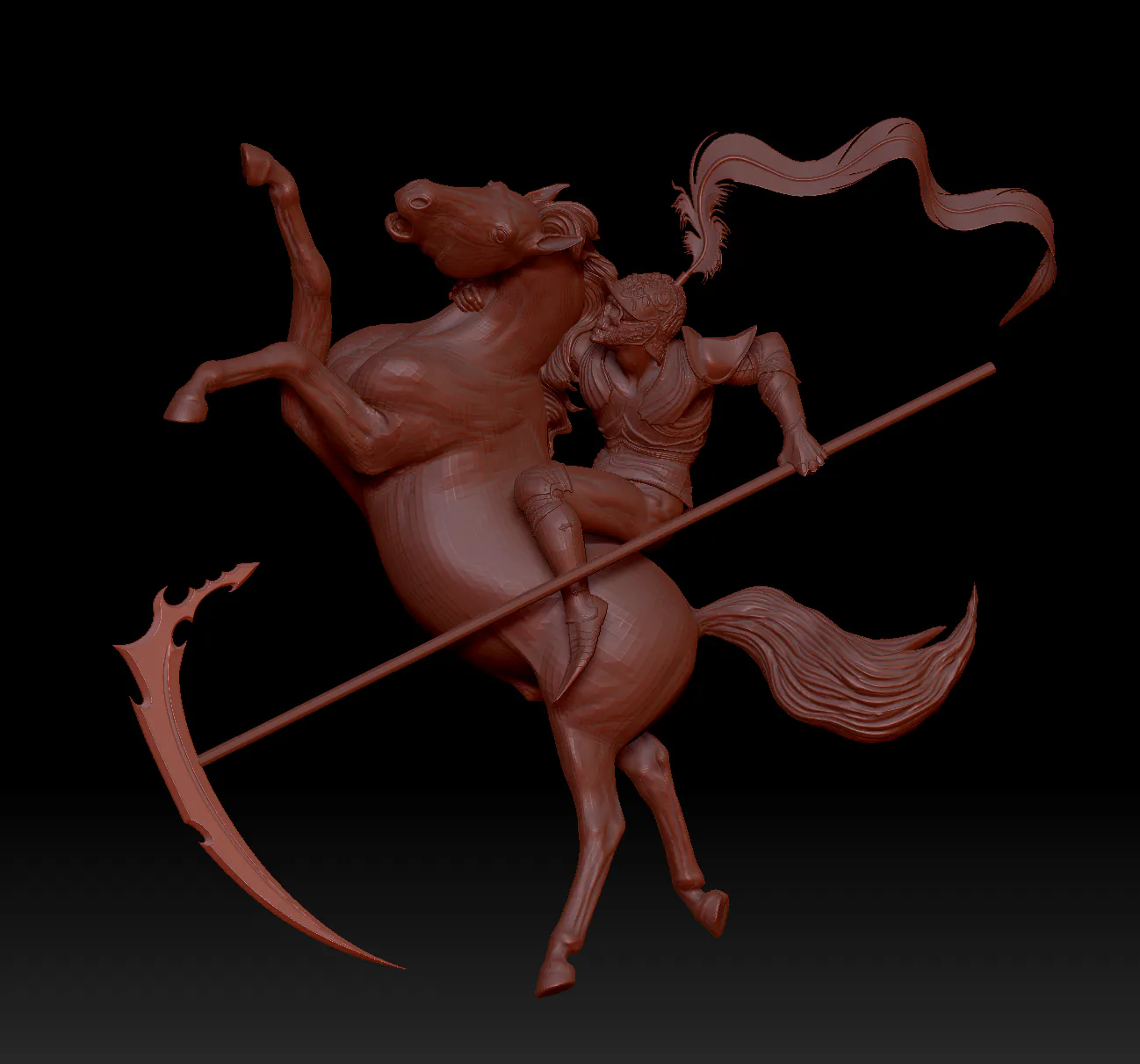 The whole model in red on black, a scythe blade on the end of the lance and a long ribbon streaming from the helmet