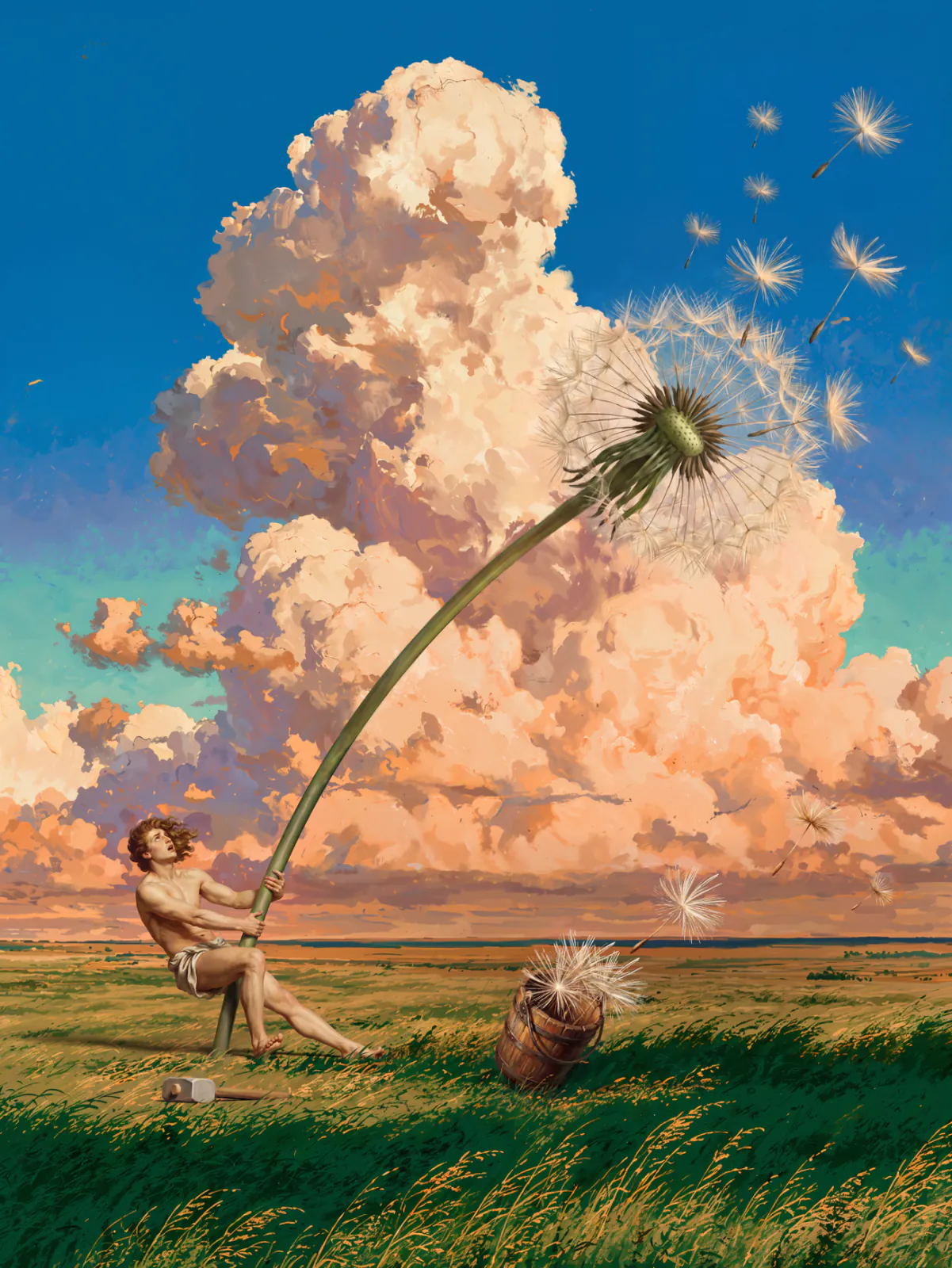 The painted gardener in a linen wrap, hair blowing right, with a coloured wooden bucket and mallet beneath a deep blue sky