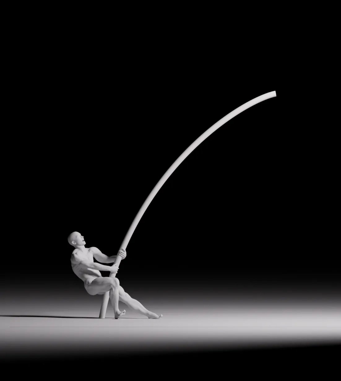 A clay render of the figure hauling the curved pole on a spotlit floor against black