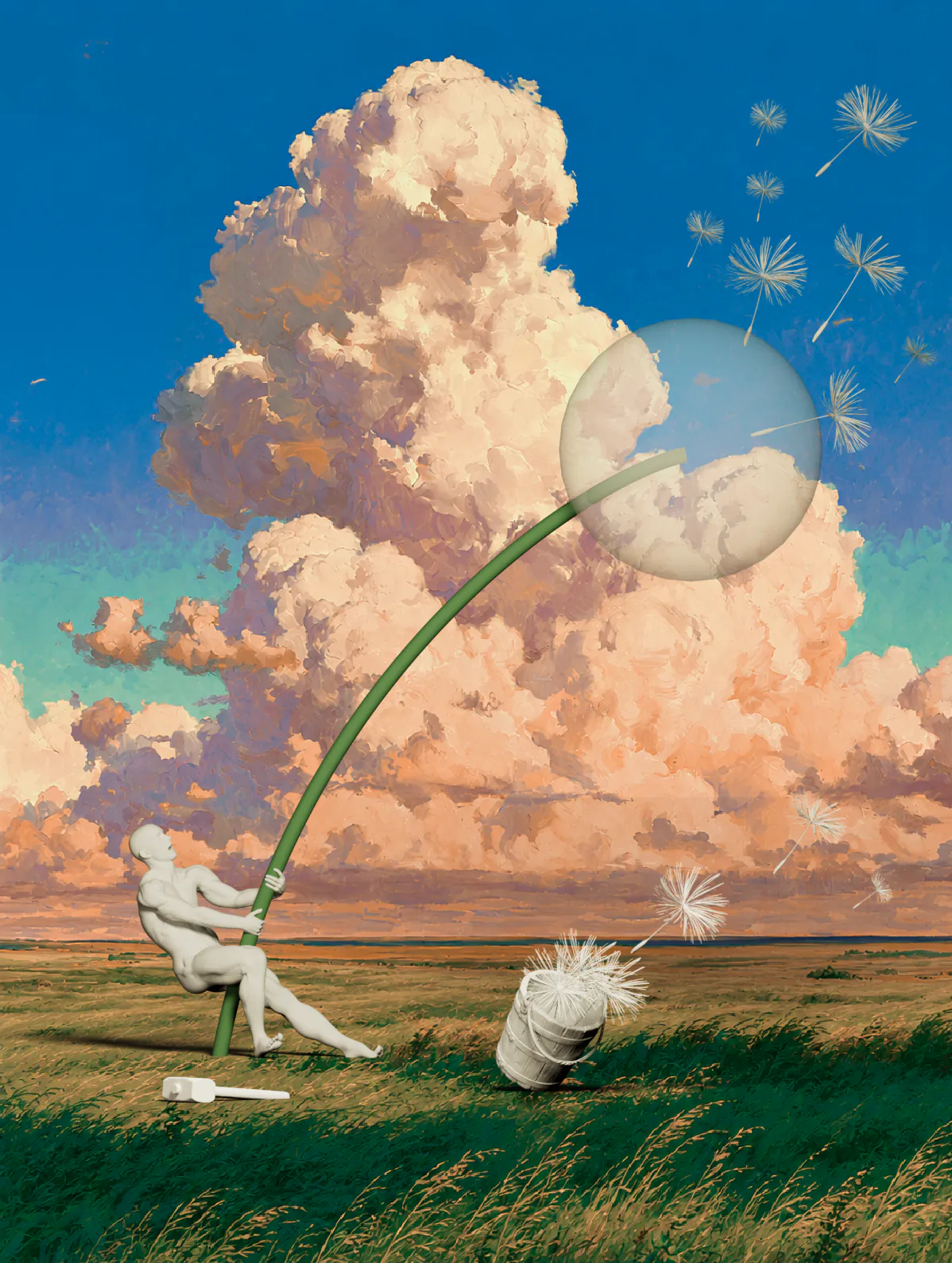 The scene under a deep blue sky with the figure, bucket and mallet still white