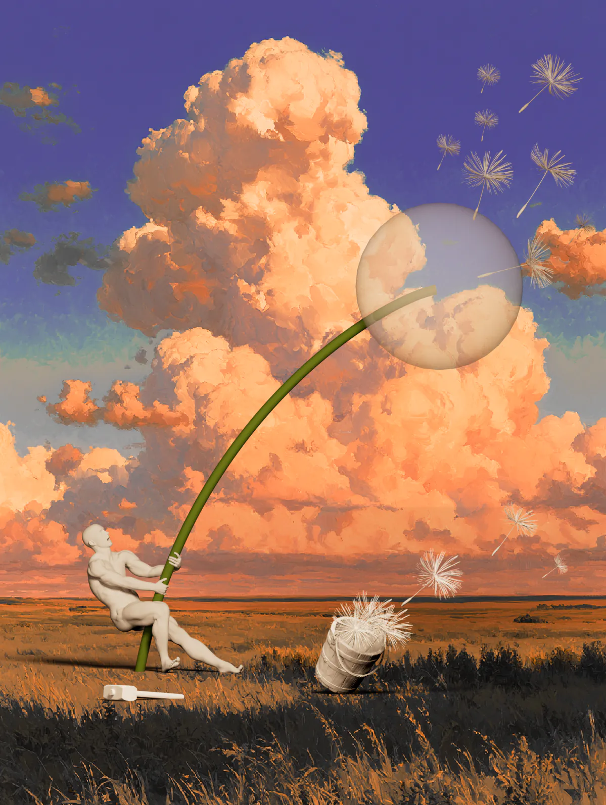A figure hauling a green stem beneath a violet sky and pink clouds, with a translucent sphere, seeds flying right, a white bucket and a white mallet in the grass