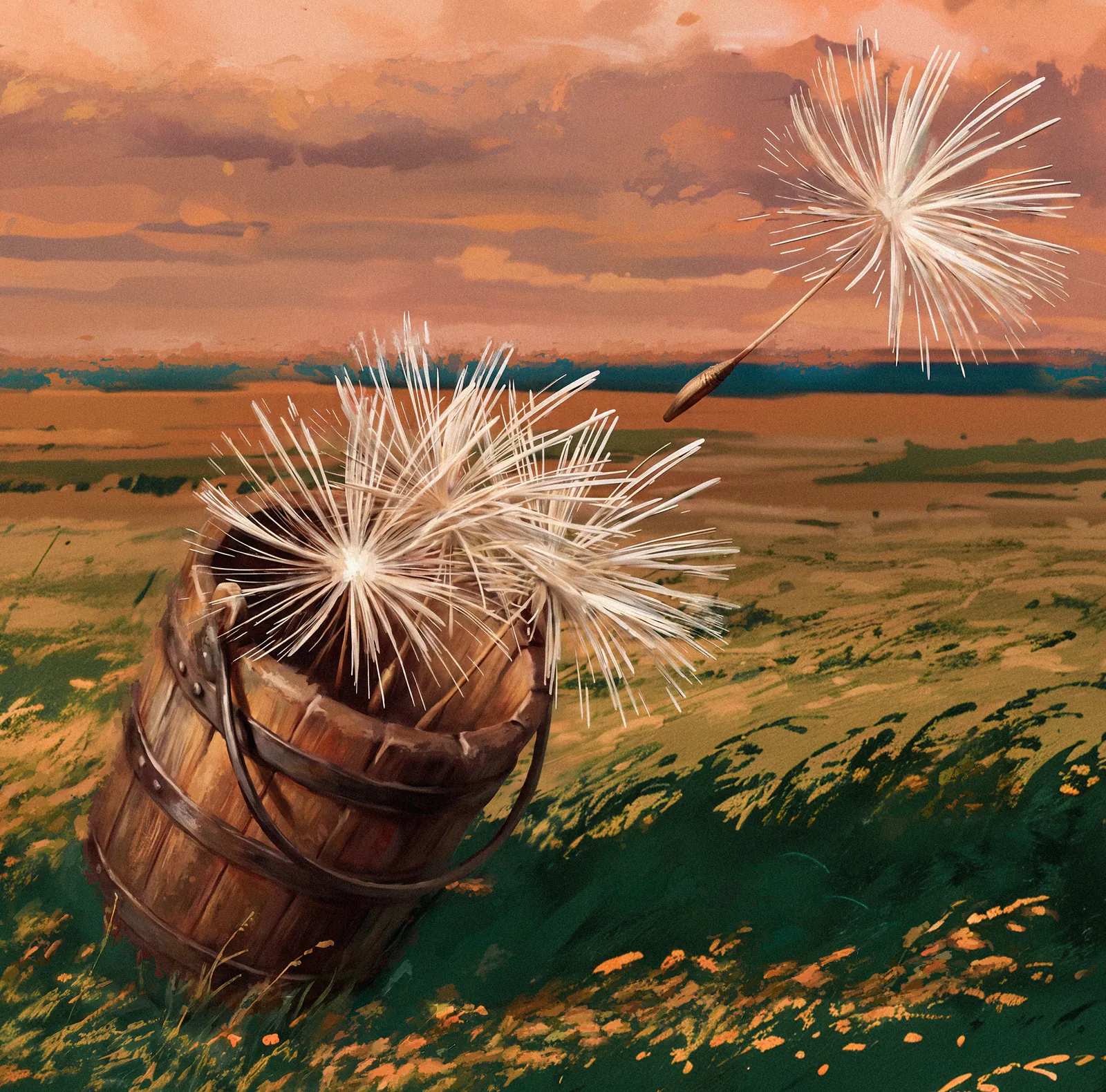 A wooden bucket tipped in windblown grass, full of seeds, with one seed flying away