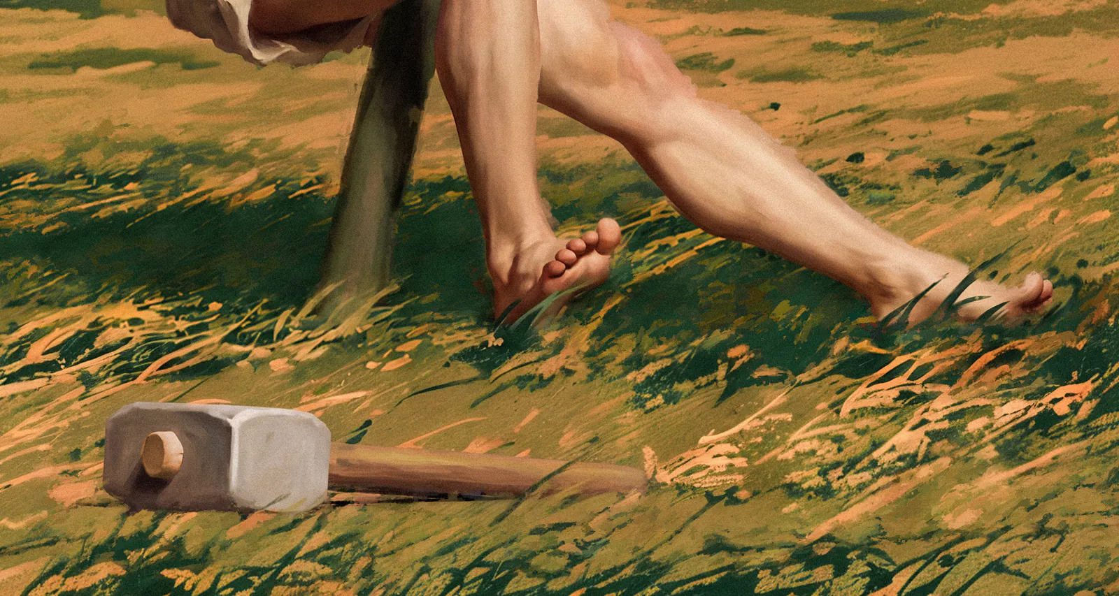 The gardener’s bare feet in windblown grass beside the base of the stem and a fallen mallet