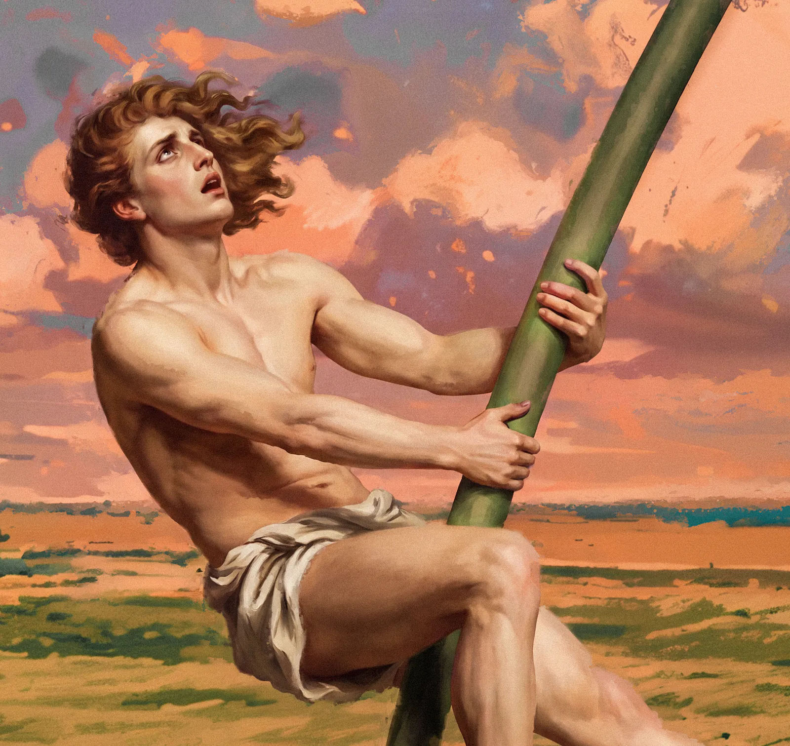 The gardener’s head with hair blowing right, hands gripping the green stem and linen wrap at his waist