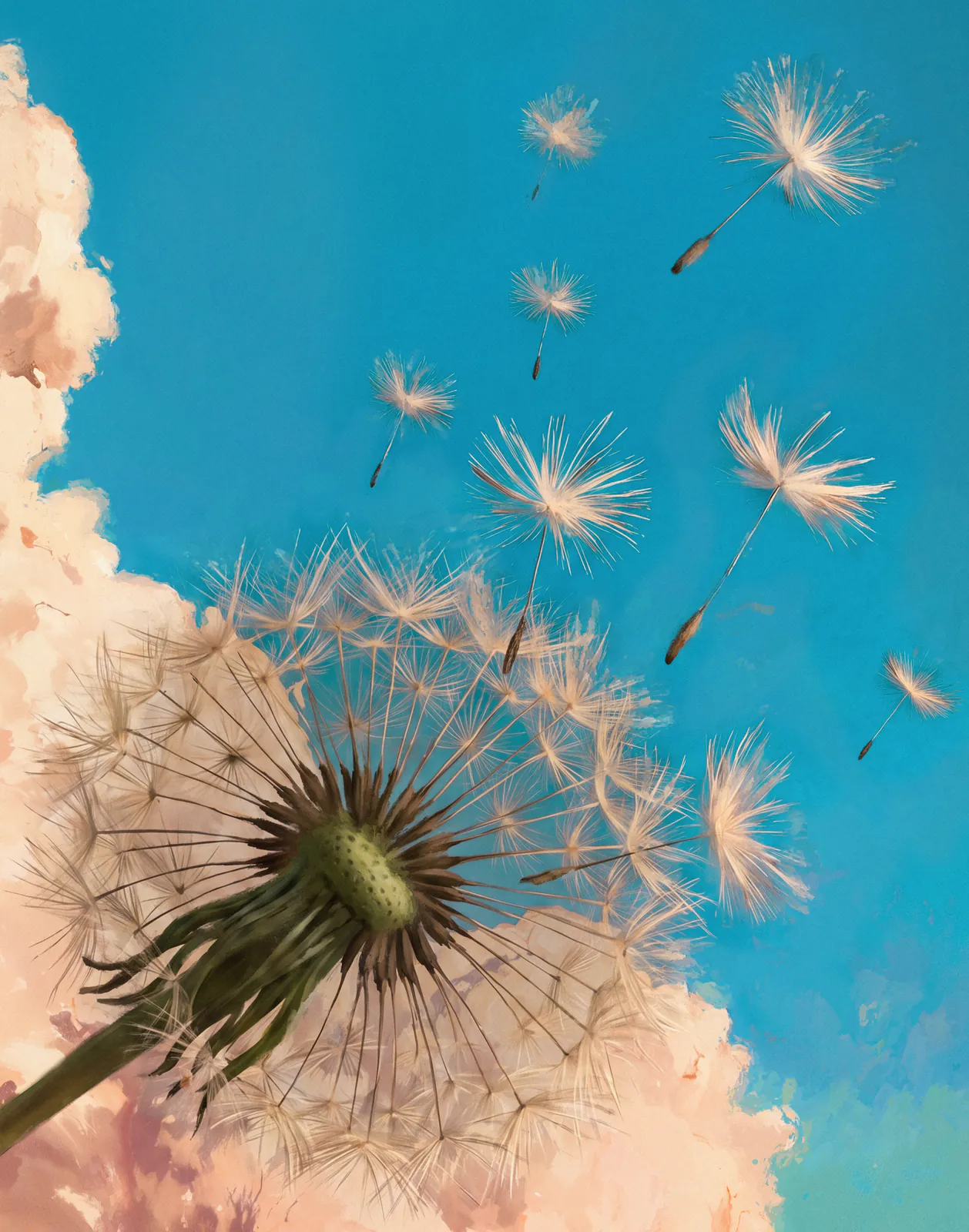 The dandelion seed head against blue sky and pink cloud with seeds flying to the right