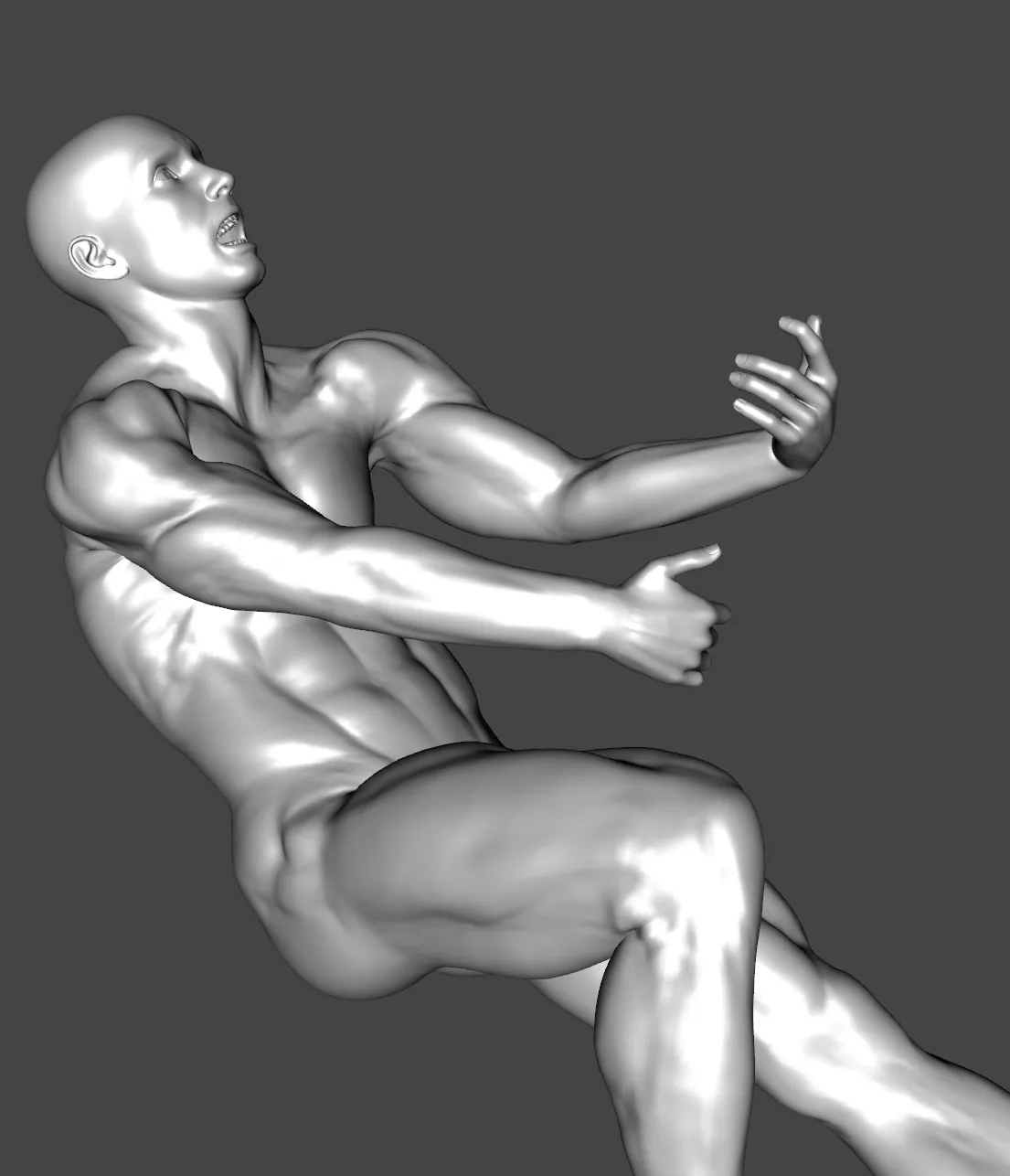 A viewport close-up of the grey figure’s head and torso, looking up with mouth and hands open
