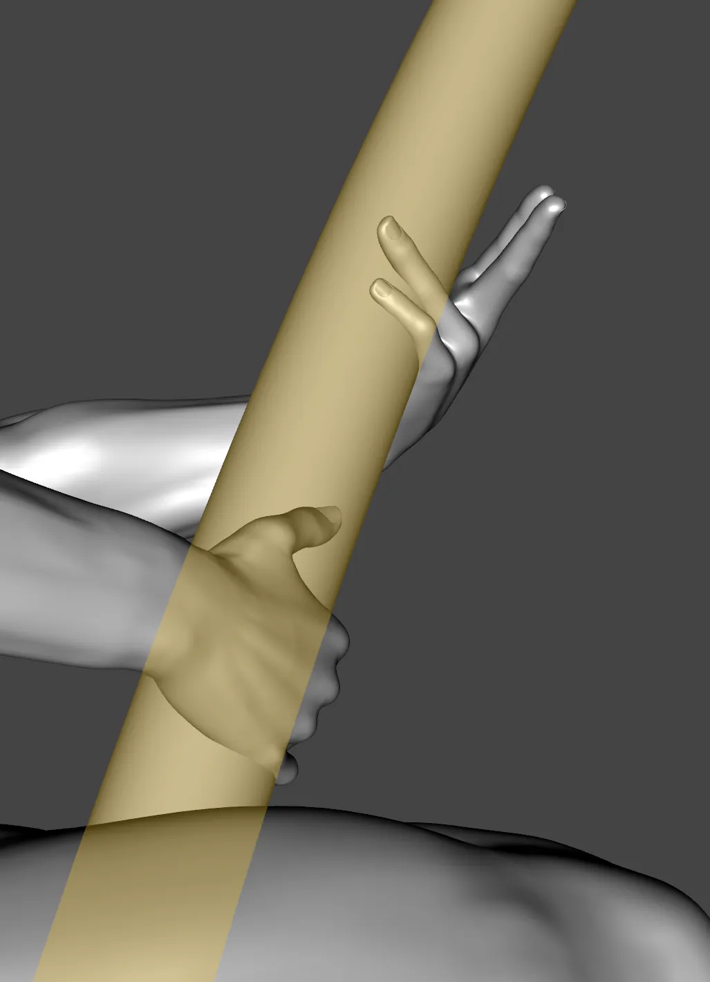 Two grey hands gripping a pole shown see-through in tan in a viewport close-up