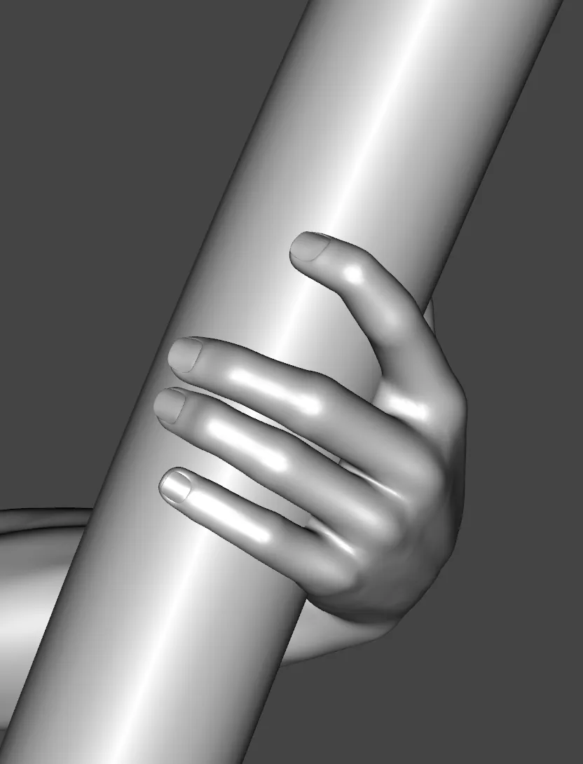 A grey hand on the pole with the index finger raised higher in a viewport close-up