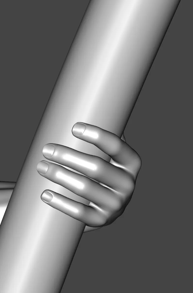 A grey hand gripping the pole with the two middle fingers close together in a viewport close-up