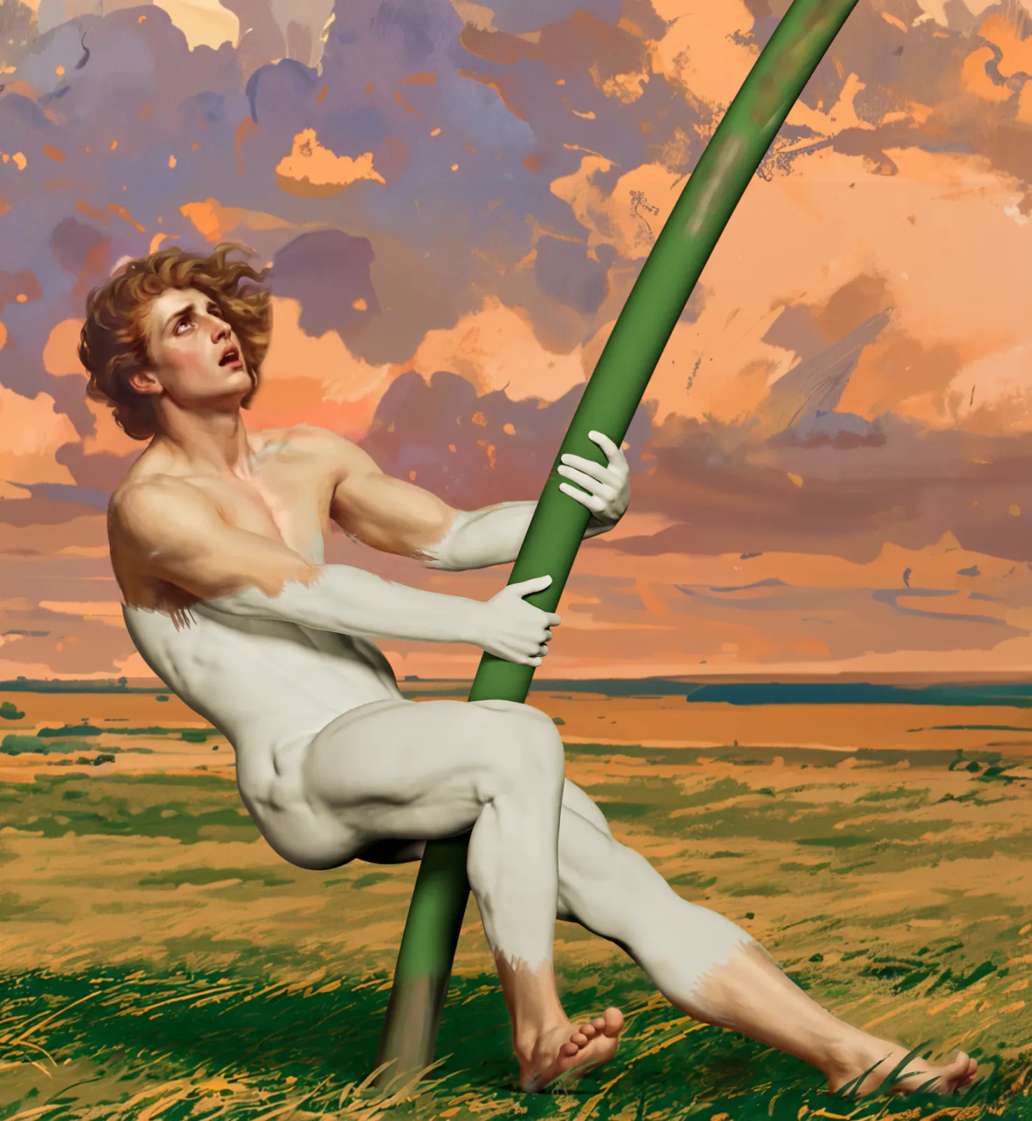 The gardener holding the green stem, face, hair and chest painted in colour, with arms, hands and legs still white