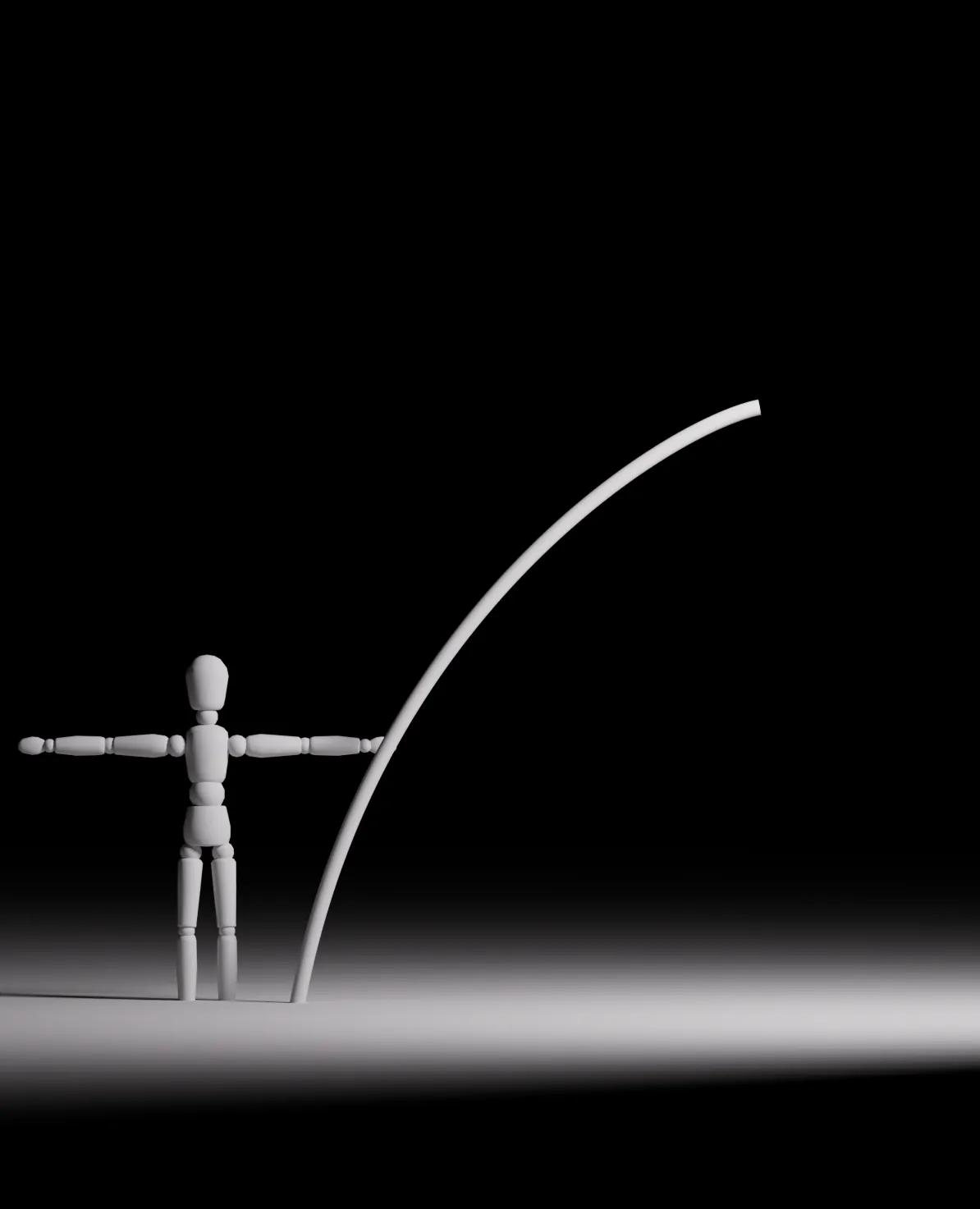 A white jointed mannequin in a T-pose beside a white curved pipe on a spotlit floor against black