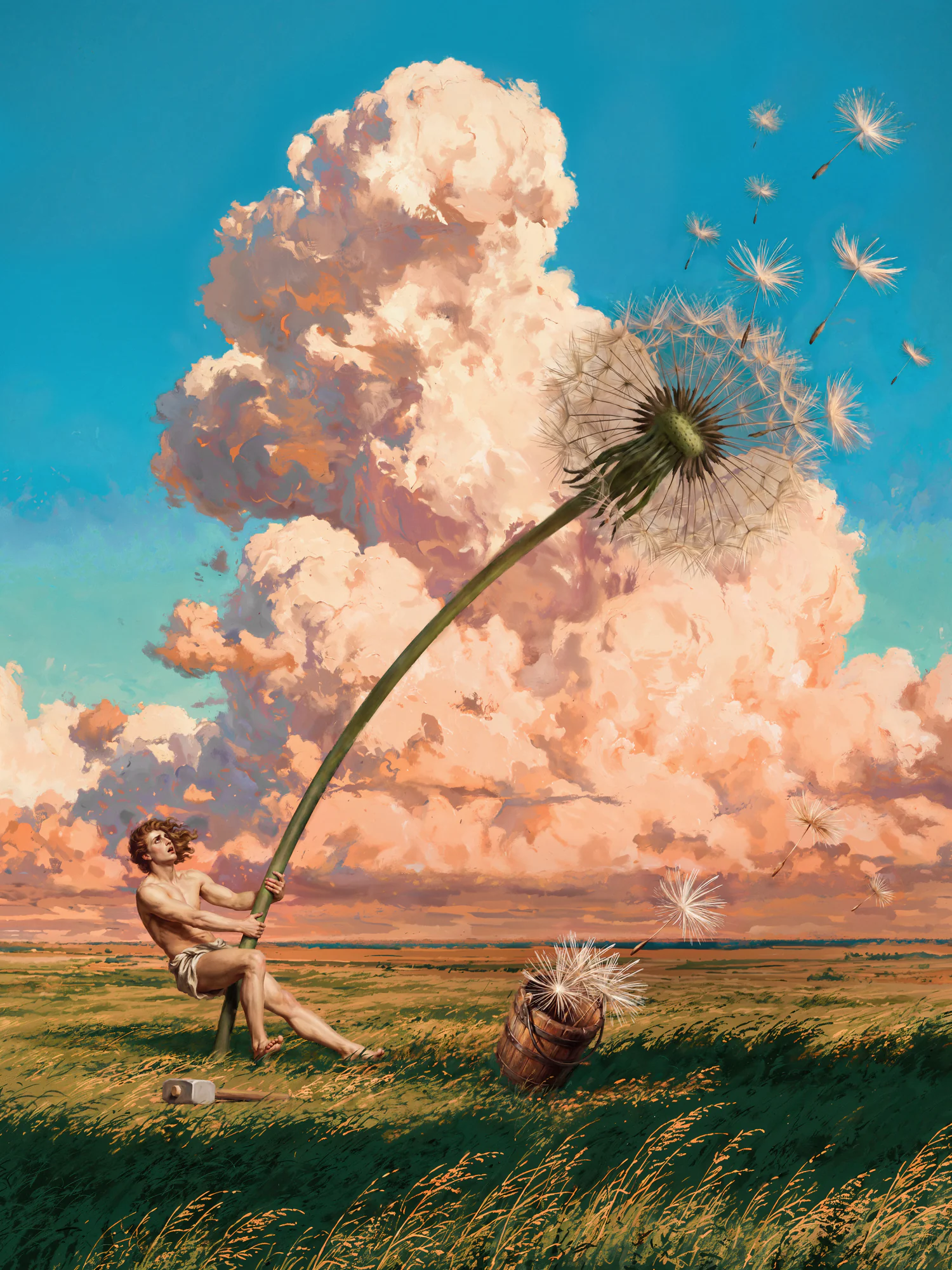 Dandelion, the finished piece: a gardener in a linen wrap holding the bending stem of a giant dandelion against the wind, seeds flying right over a grass field beneath towering pink clouds