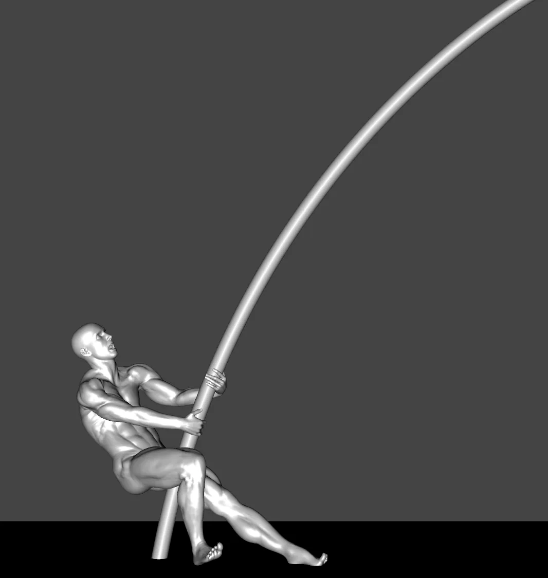 A grey nude figure hauling a long curved pole, one leg bent against it and the other stretched out