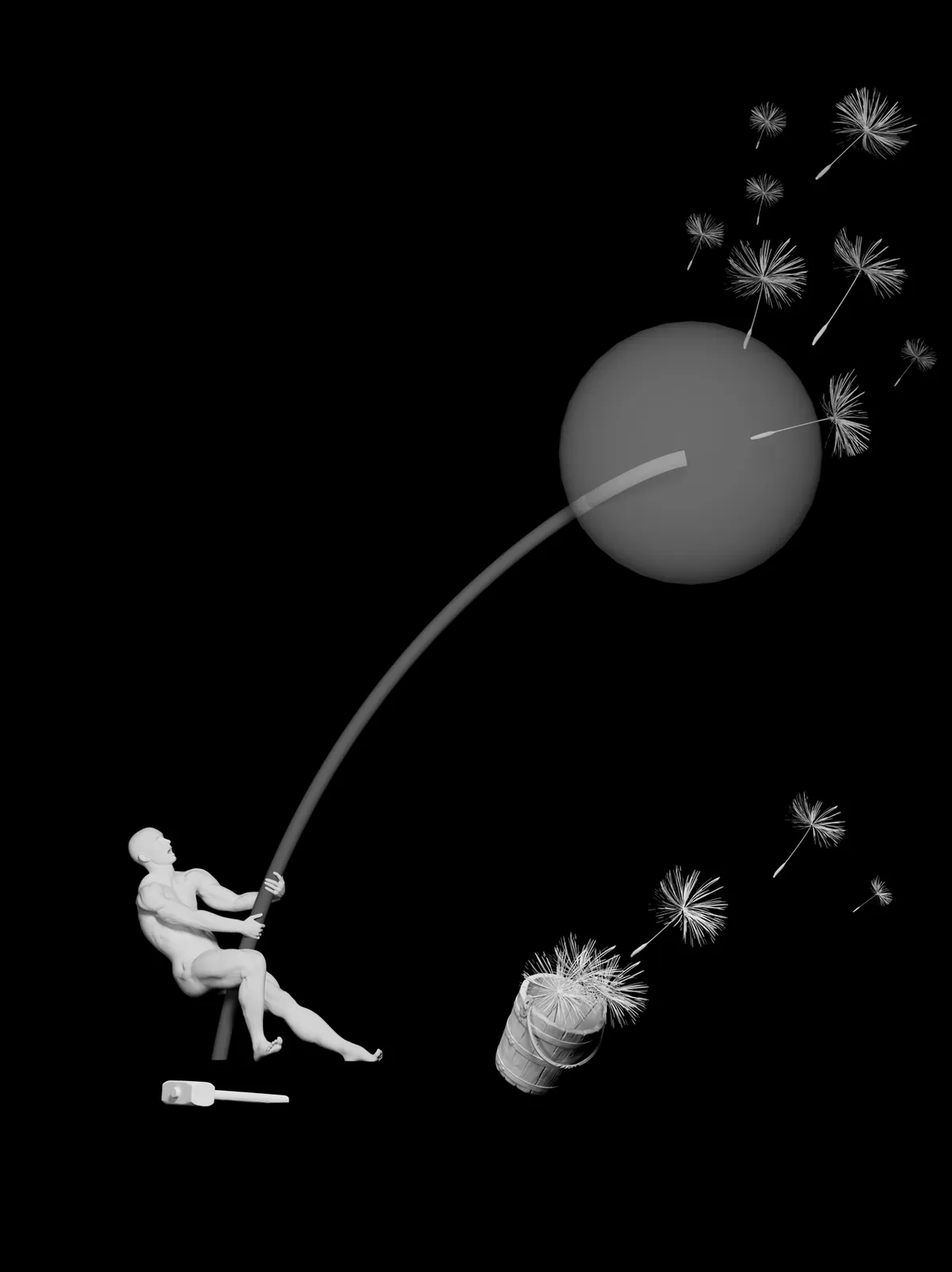 A render against black of the figure, stem, sphere, seeds, bucket and mallet in grey and white