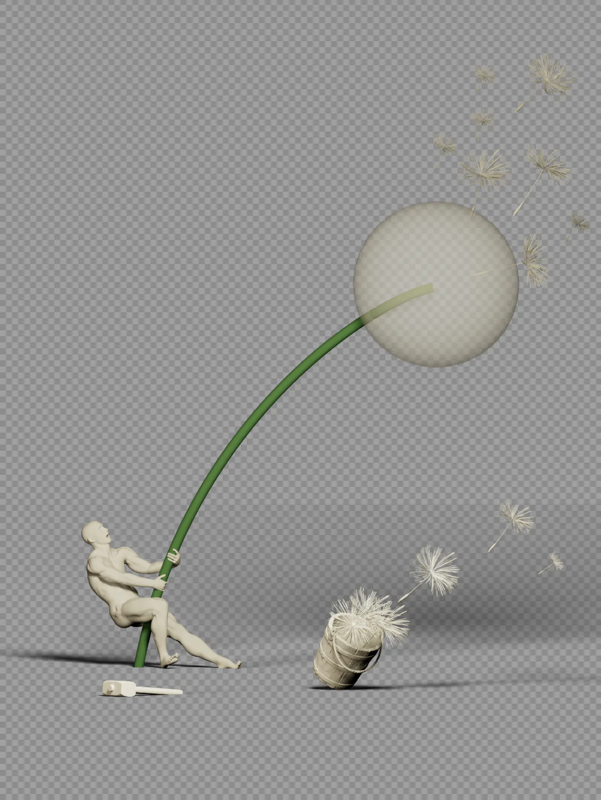 A figure, green stem, sphere, seeds, bucket and mallet with shadows on a transparency checkerboard