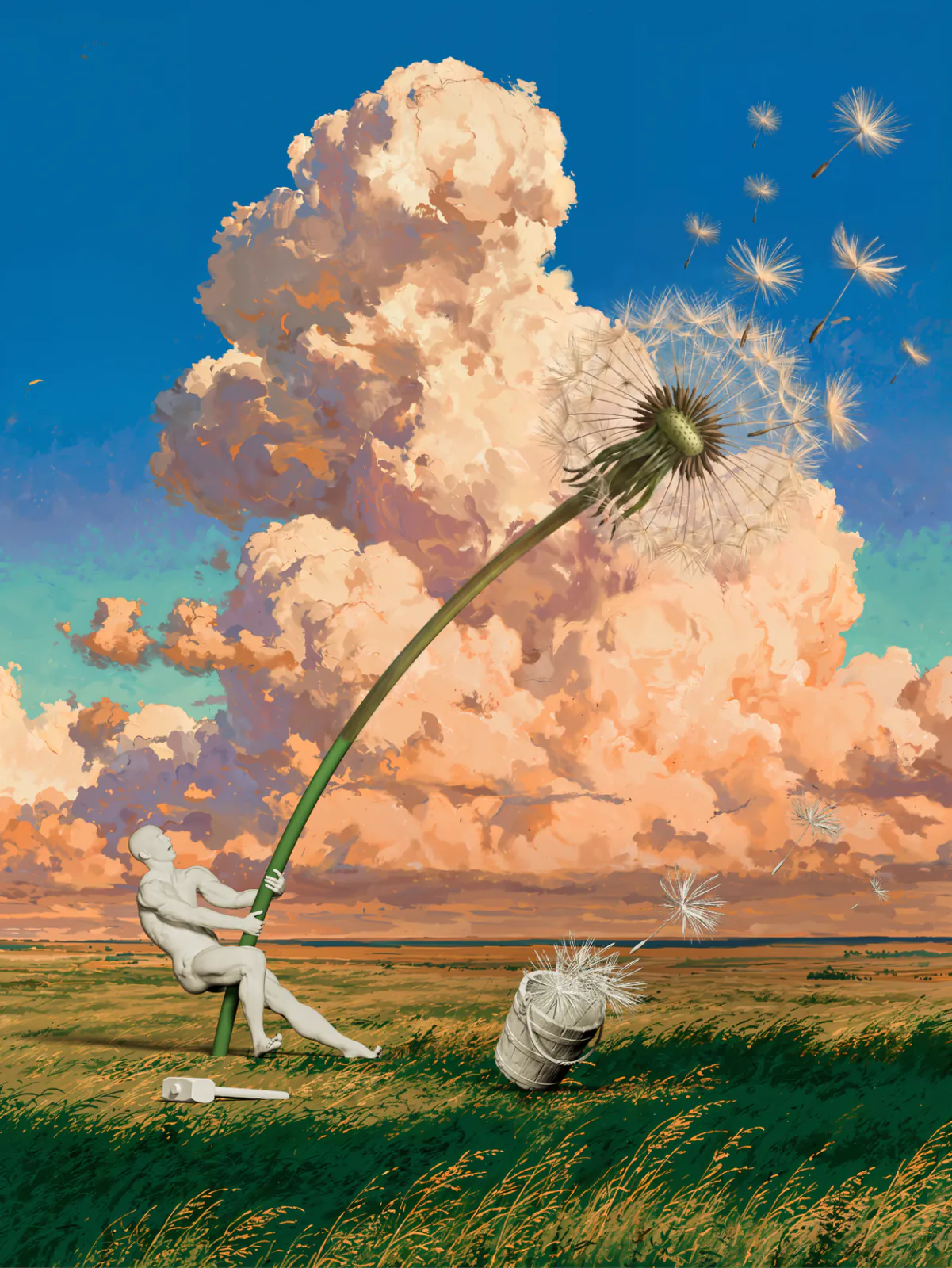 A dandelion seed head replacing the sphere, seeds blowing right, with the figure, bucket and mallet still white