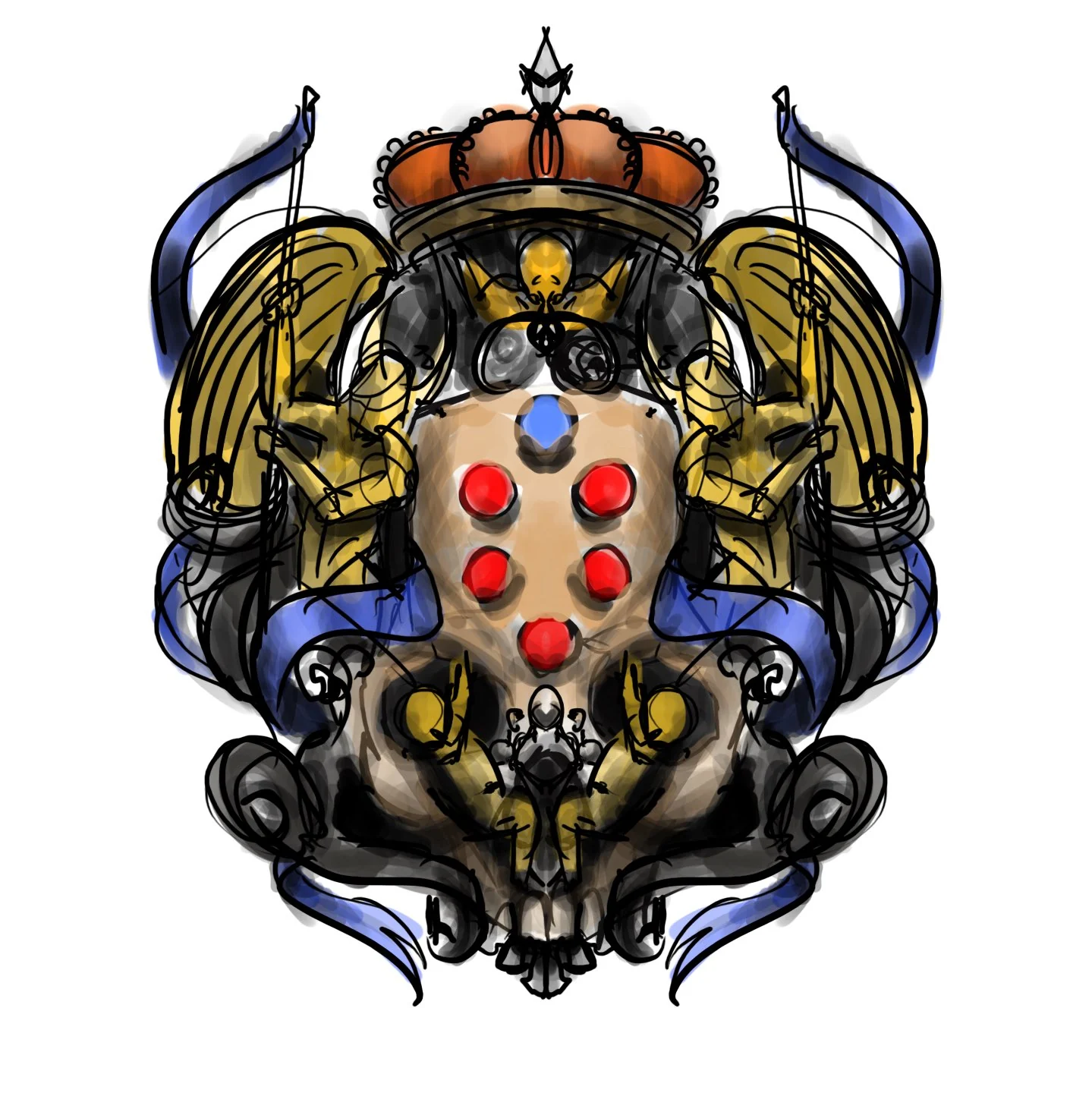 A loose colour sketch with wings, red balls, blue drapery and an orange crown topped with the Ethereum diamond.