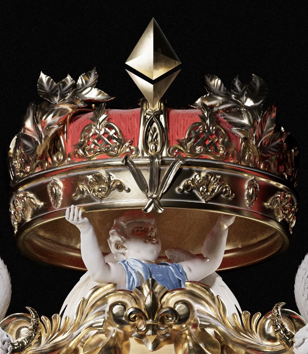A putto carrying the finished crown, with its red cap, gold laurel leaves and the Ethereum diamond above.