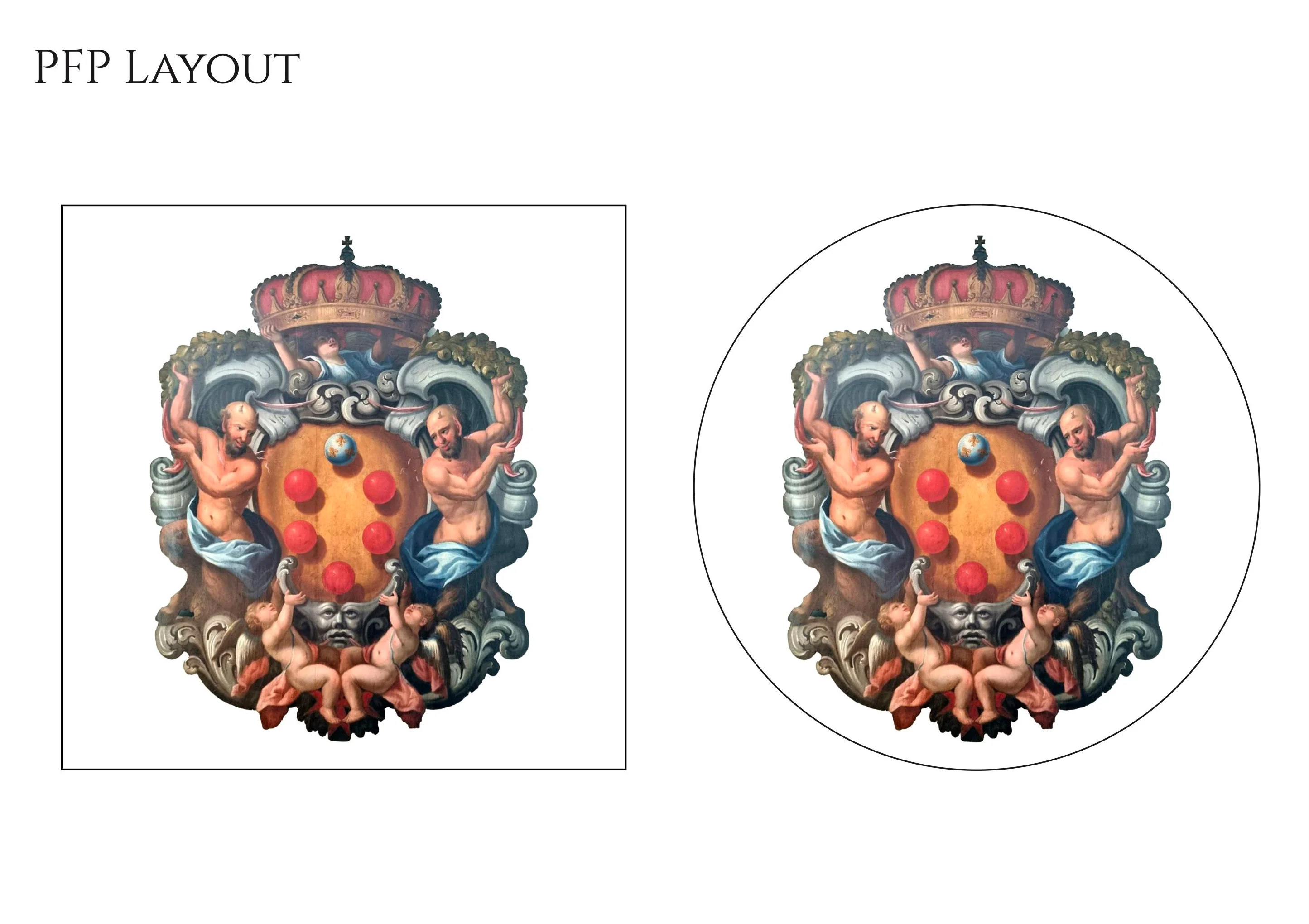 A layout sheet showing the painted Medici arms cropped into a square and a circle.