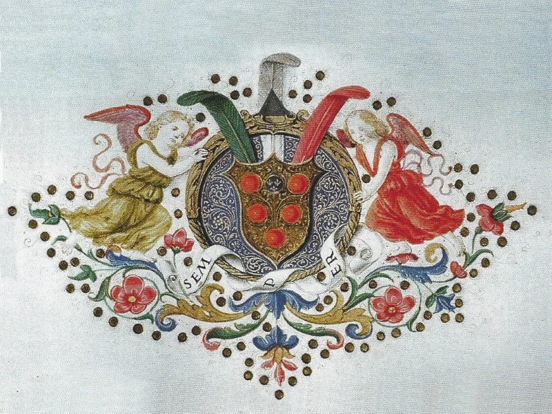 Illuminated Medici arms surrounded by angels, flowers and a ribbon bearing the word semper.
