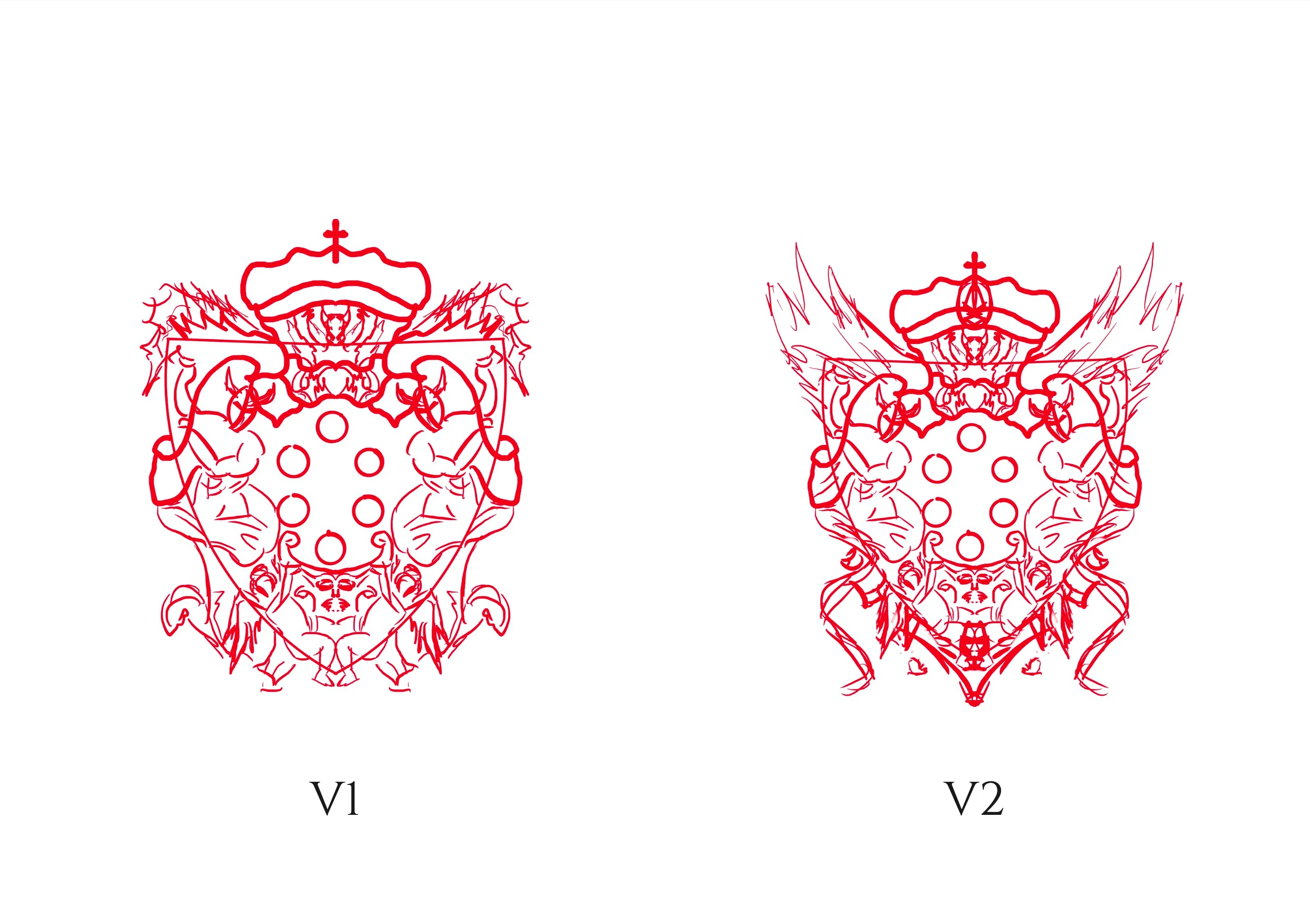 Red line drawings of the first and second versions of the crest.