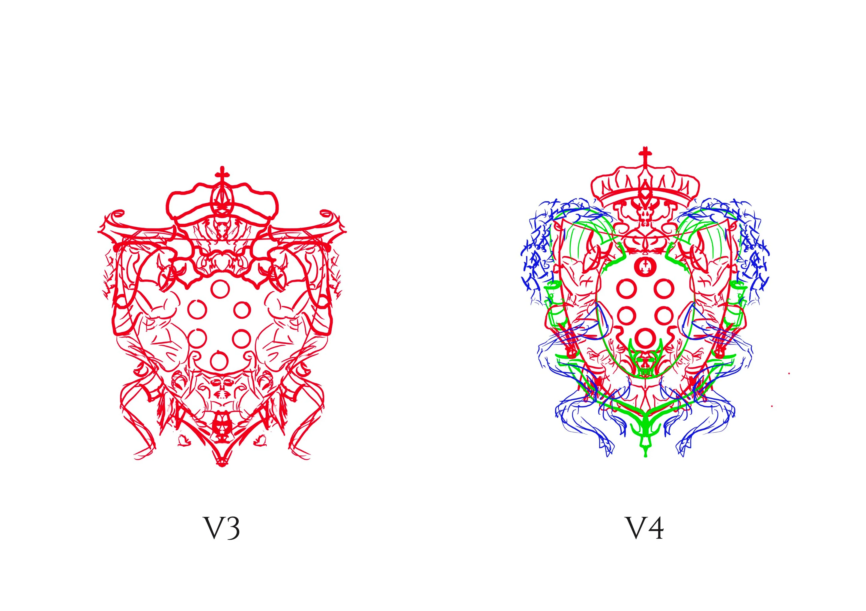 The third version in red beside a fourth drawn in red, green and blue layers.