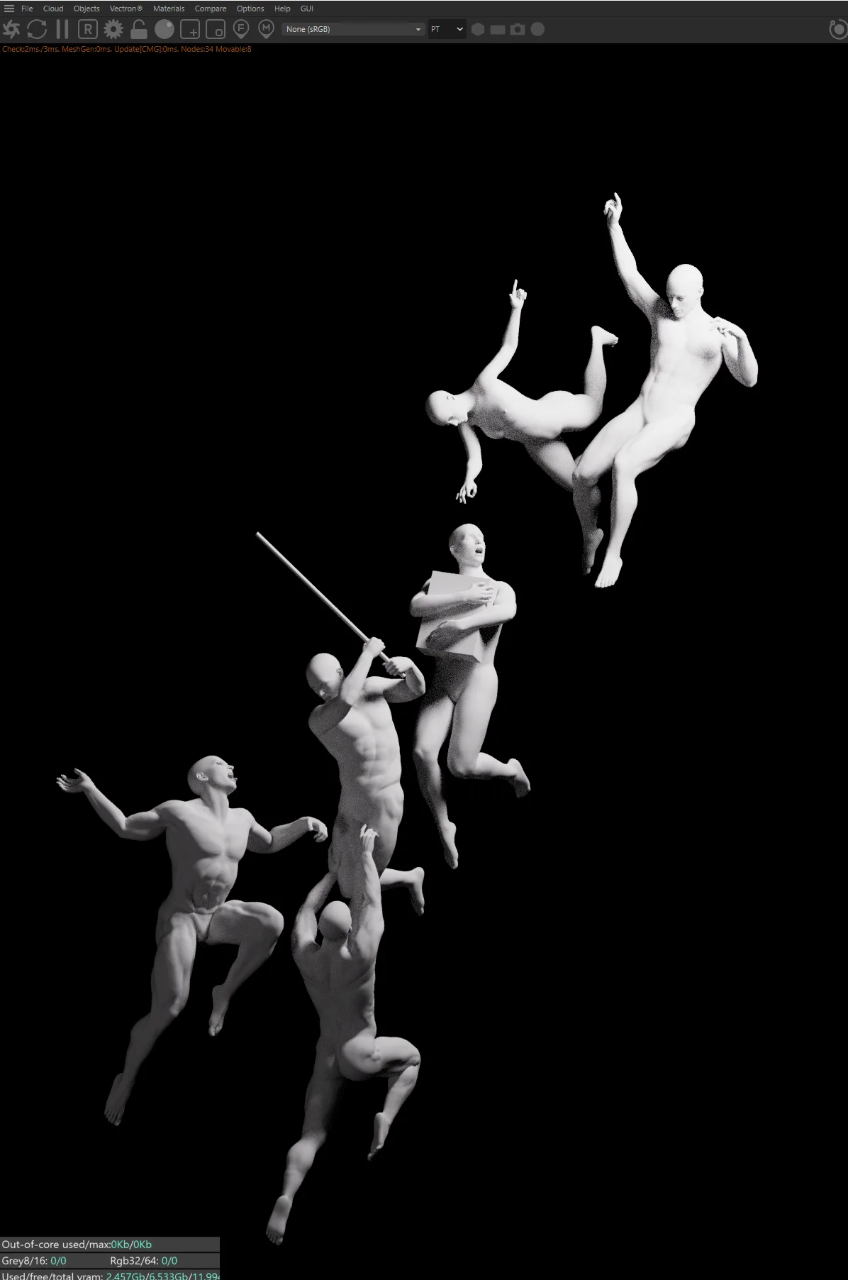 Clay preview of the first posed figures on black