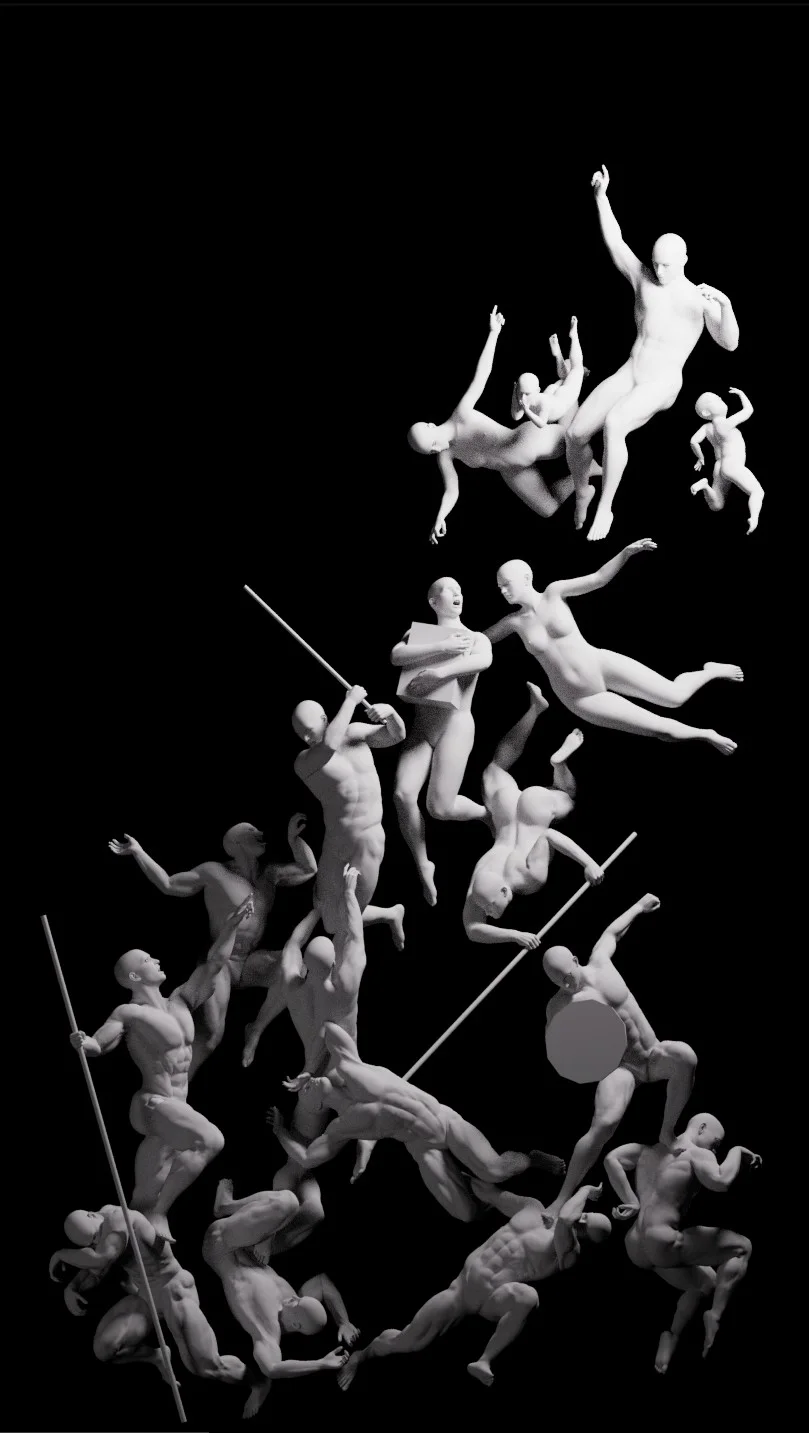 The full crowd of untextured figures, both hosts posed
